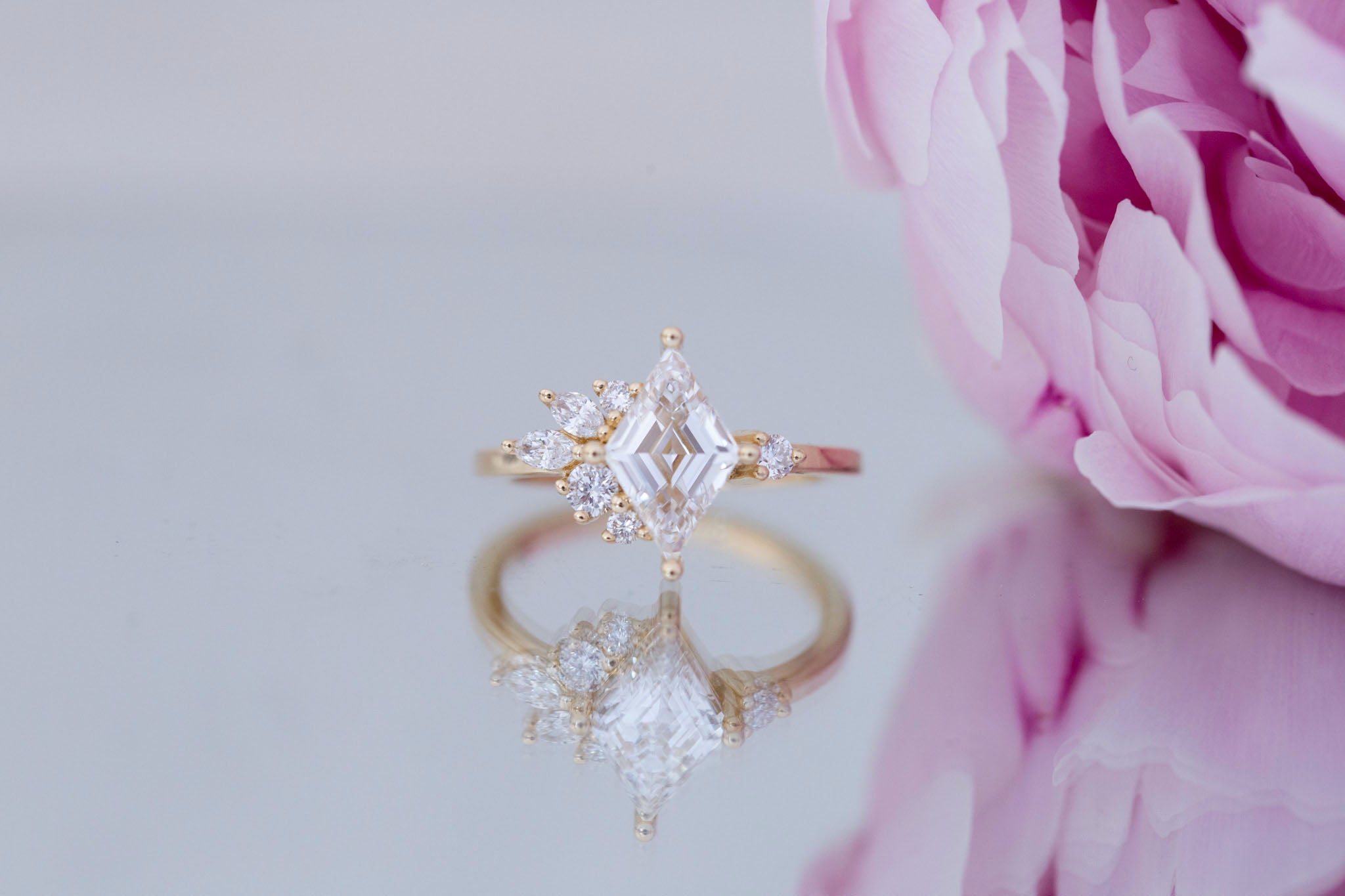 Alden Ring | Lab Diamond Rhombus + Diamond Cluster Engagement Ring 1.52 ct | 14k Recycled Gold | One of a Kind