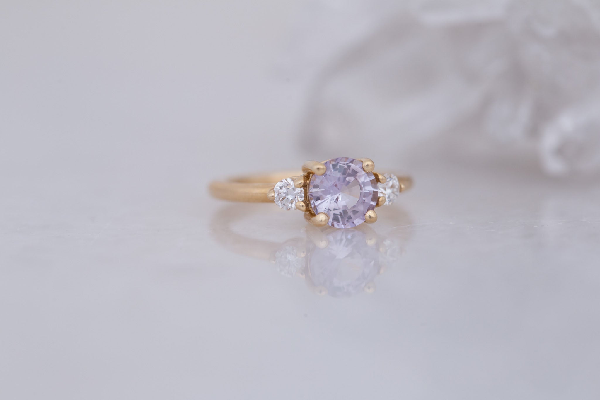 Maeve Ring | Icy Lavender Sapphire + Round Diamond Accent Engagement Ring 1.53 ct | 14k Recycled Gold | One of a Kind