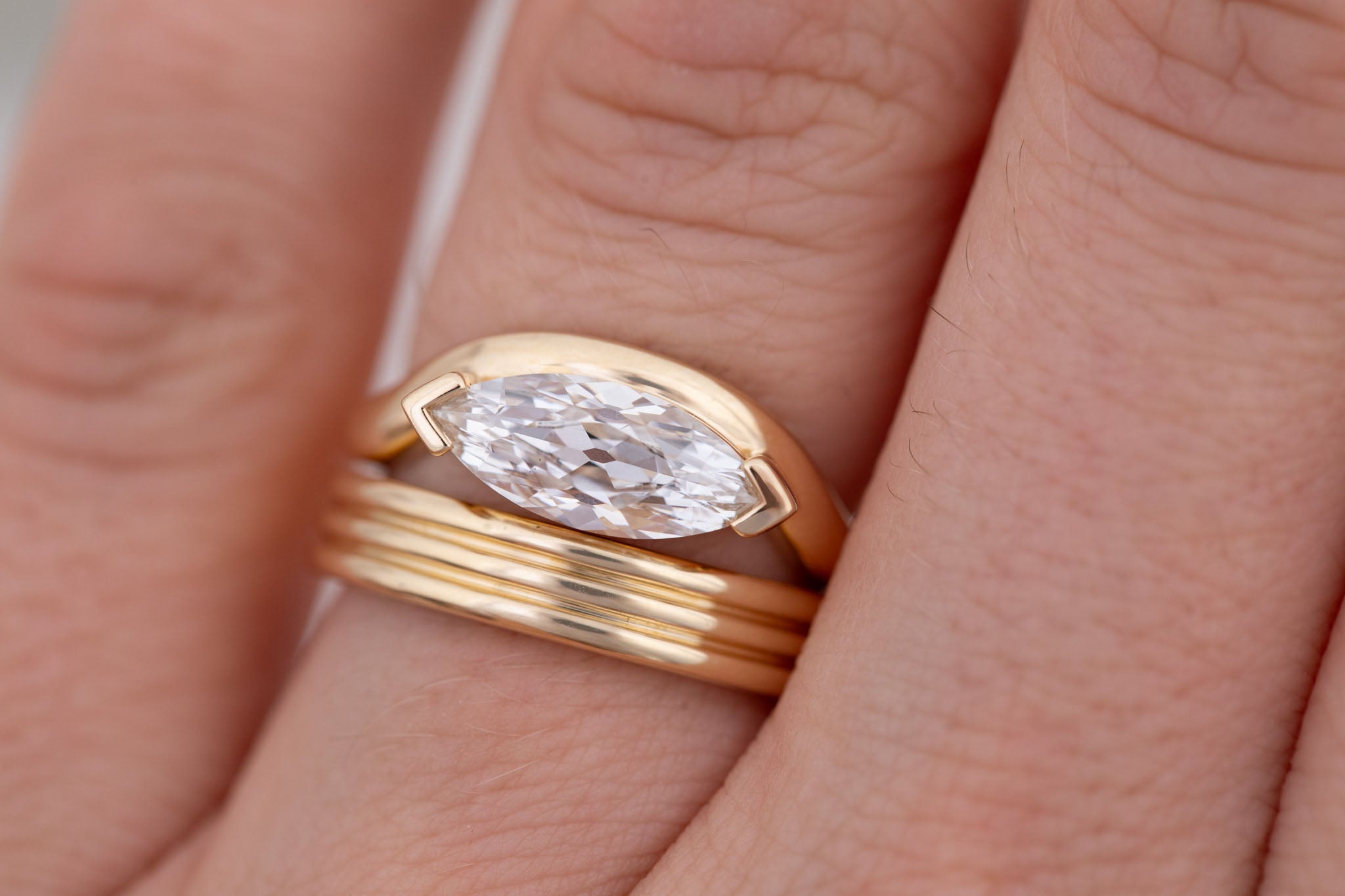 Rhodes Ring | Lab Marquise Diamond Solitaire + Curved Band Engagement Ring 1.53 ct | 14k Recycled Gold | One of a Kind