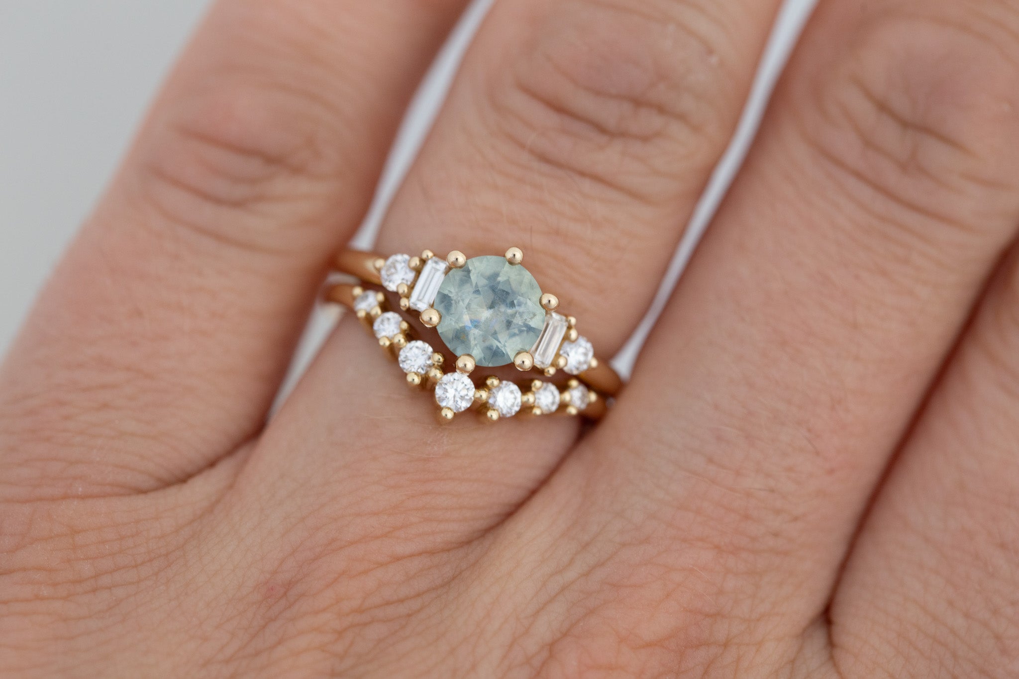 Alsea Ring | Mint Green Montana Sapphire + Baguette and Round Diamond Accent Engagement Ring 1.55 ct | 14k Recycled Gold | One of a Kind
