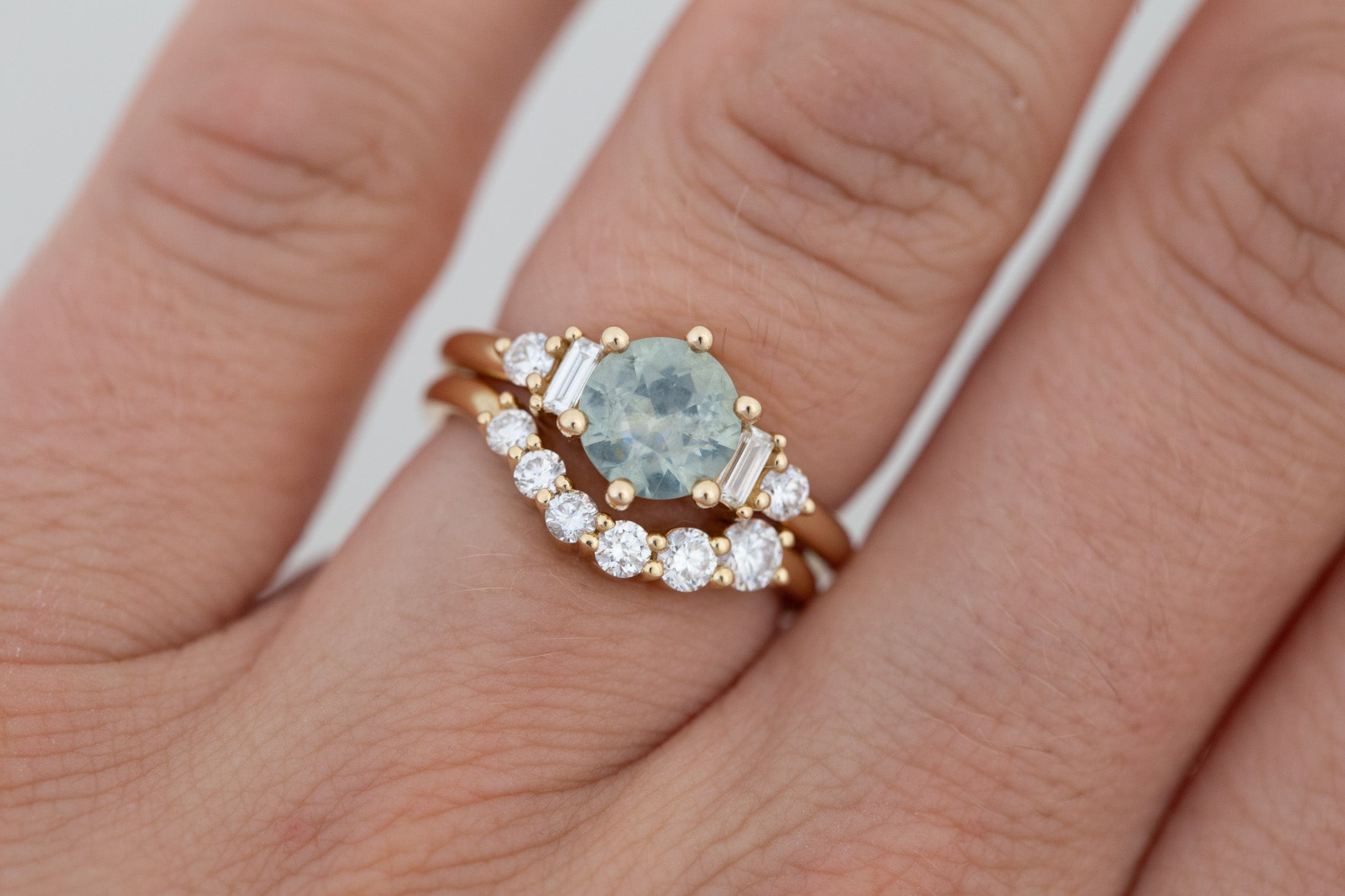 Alsea Ring | Mint Green Montana Sapphire + Baguette and Round Diamond Accent Engagement Ring 1.55 ct | 14k Recycled Gold | One of a Kind