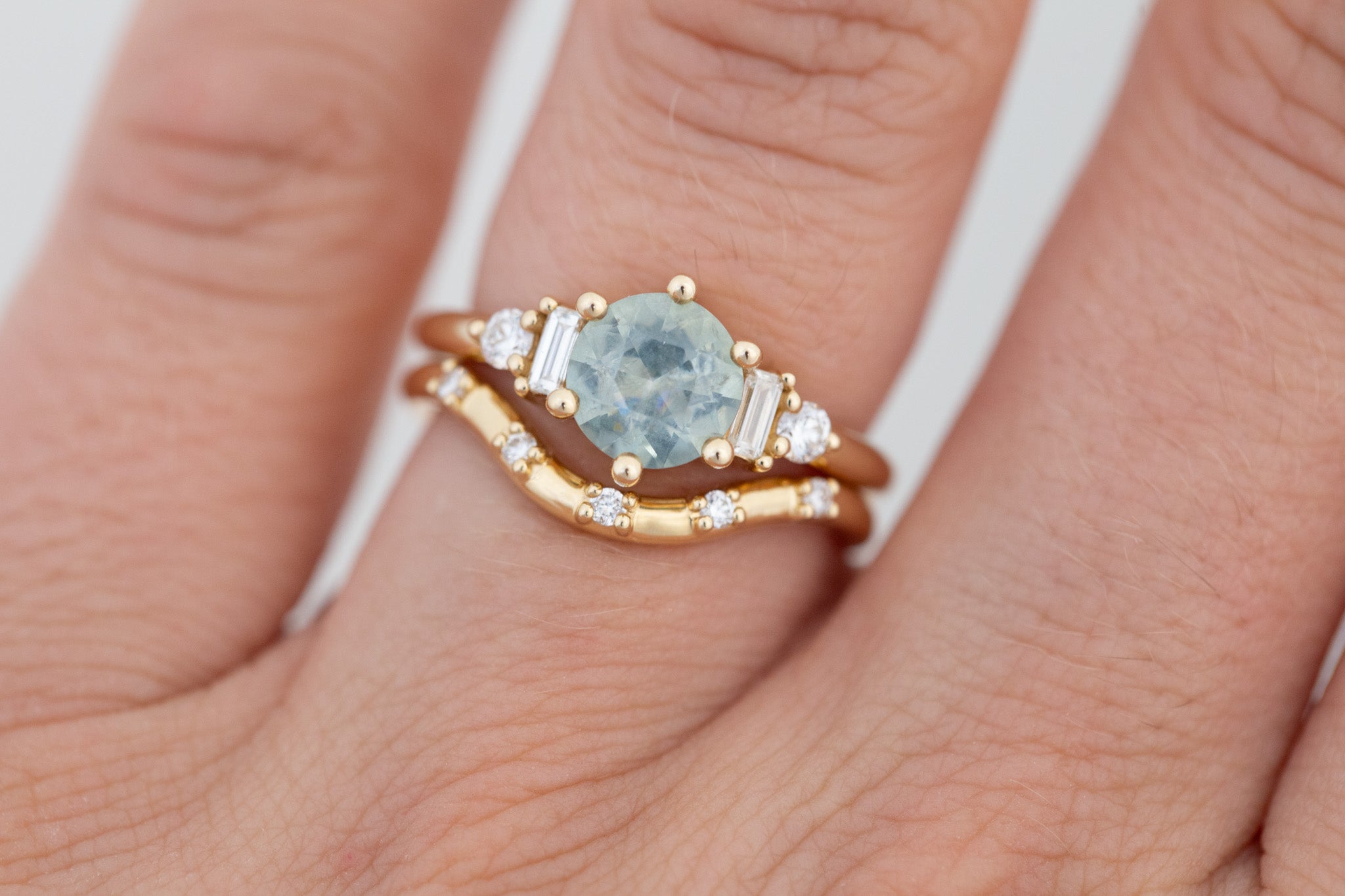 Alsea Ring | Mint Green Montana Sapphire + Baguette and Round Diamond Accent Engagement Ring 1.55 ct | 14k Recycled Gold | One of a Kind