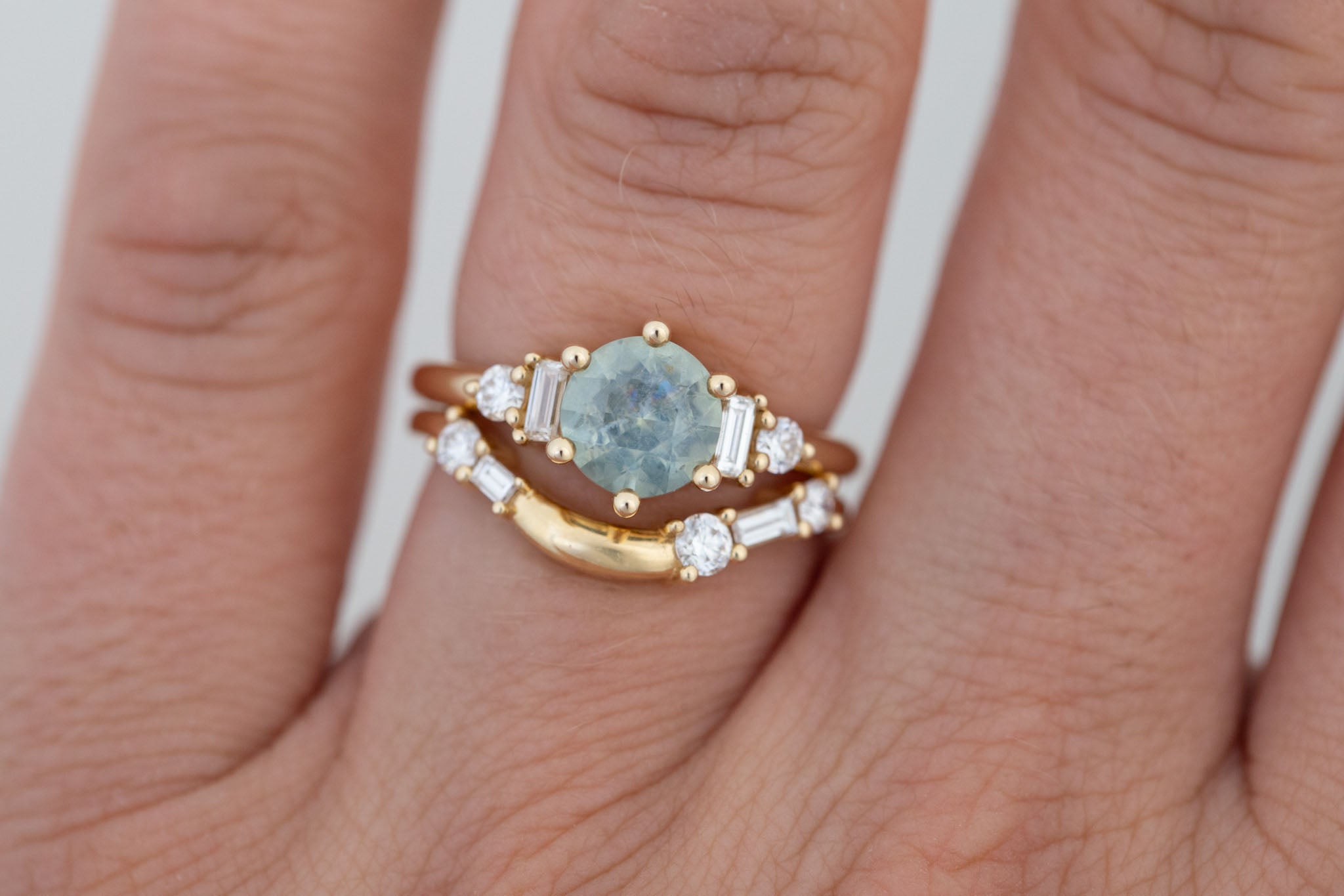 Alsea Ring | Mint Green Montana Sapphire + Baguette and Round Diamond Accent Engagement Ring 1.55 ct | 14k Recycled Gold | One of a Kind