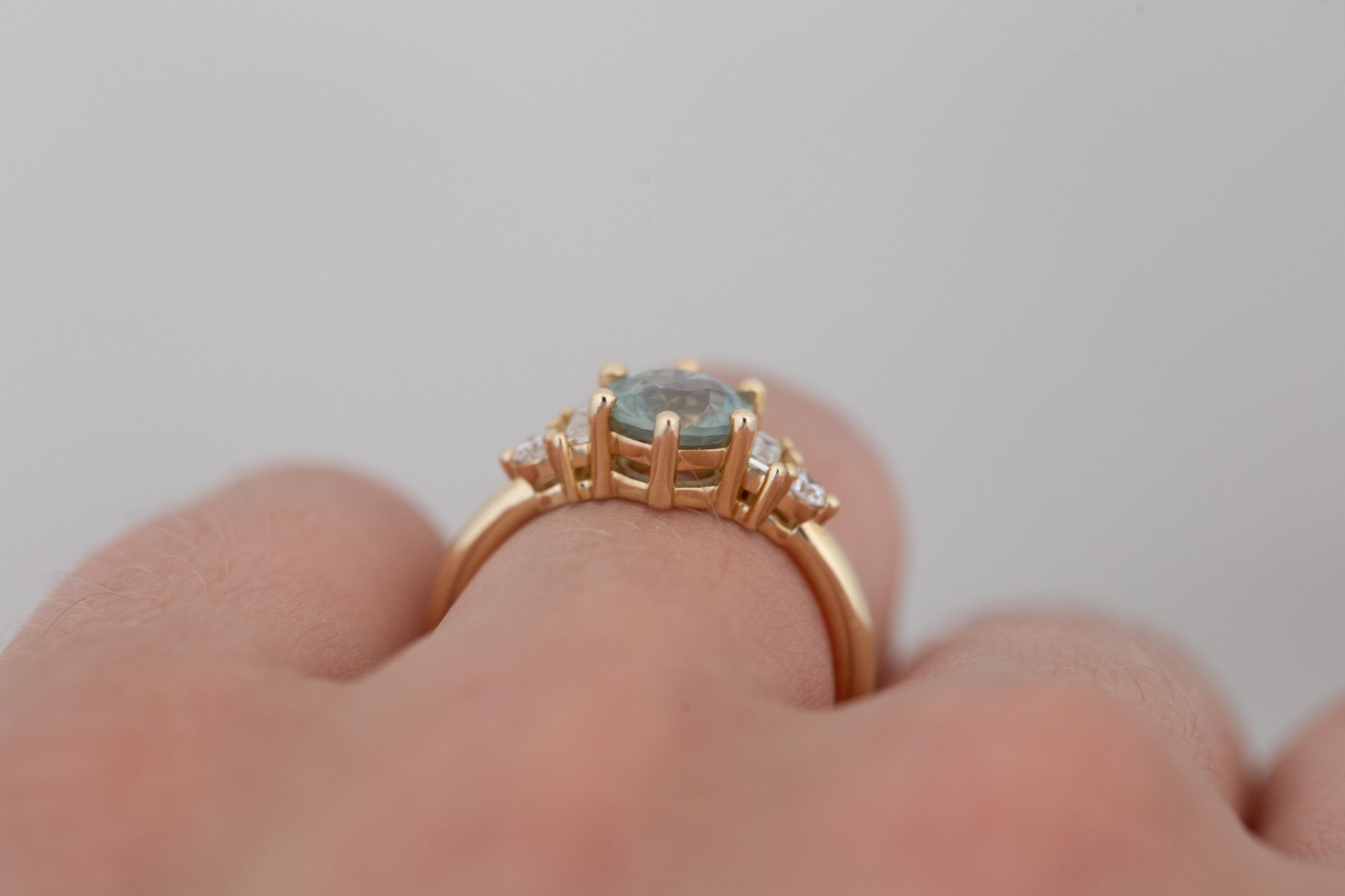 Alsea Ring | Mint Green Montana Sapphire + Baguette and Round Diamond Accent Engagement Ring 1.55 ct | 14k Recycled Gold | One of a Kind