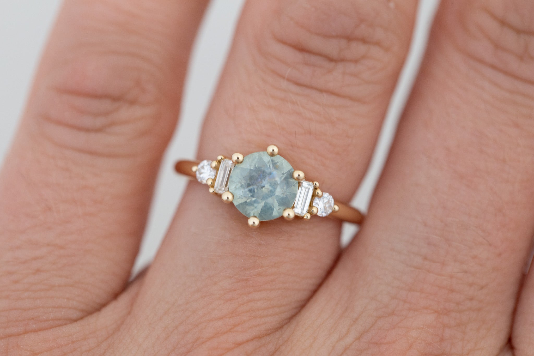 Alsea Ring | Mint Green Montana Sapphire + Baguette and Round Diamond Accent Engagement Ring 1.55 ct | 14k Recycled Gold | One of a Kind