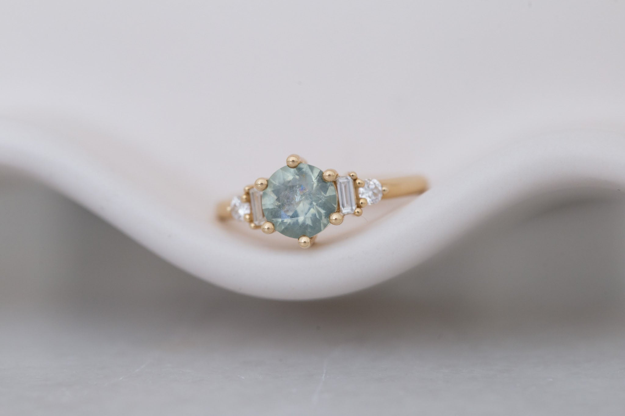 Alsea Ring | Mint Green Montana Sapphire + Baguette and Round Diamond Accent Engagement Ring 1.55 ct | 14k Recycled Gold | One of a Kind