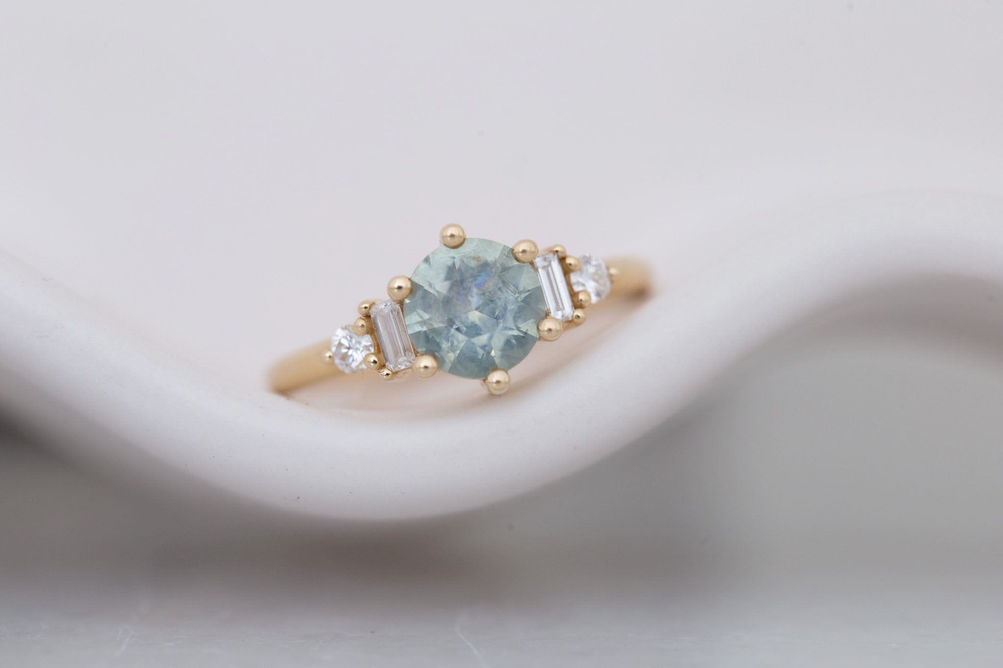 Alsea Ring | Mint Green Montana Sapphire + Baguette and Round Diamond Accent Engagement Ring 1.55 ct | 14k Recycled Gold | One of a Kind