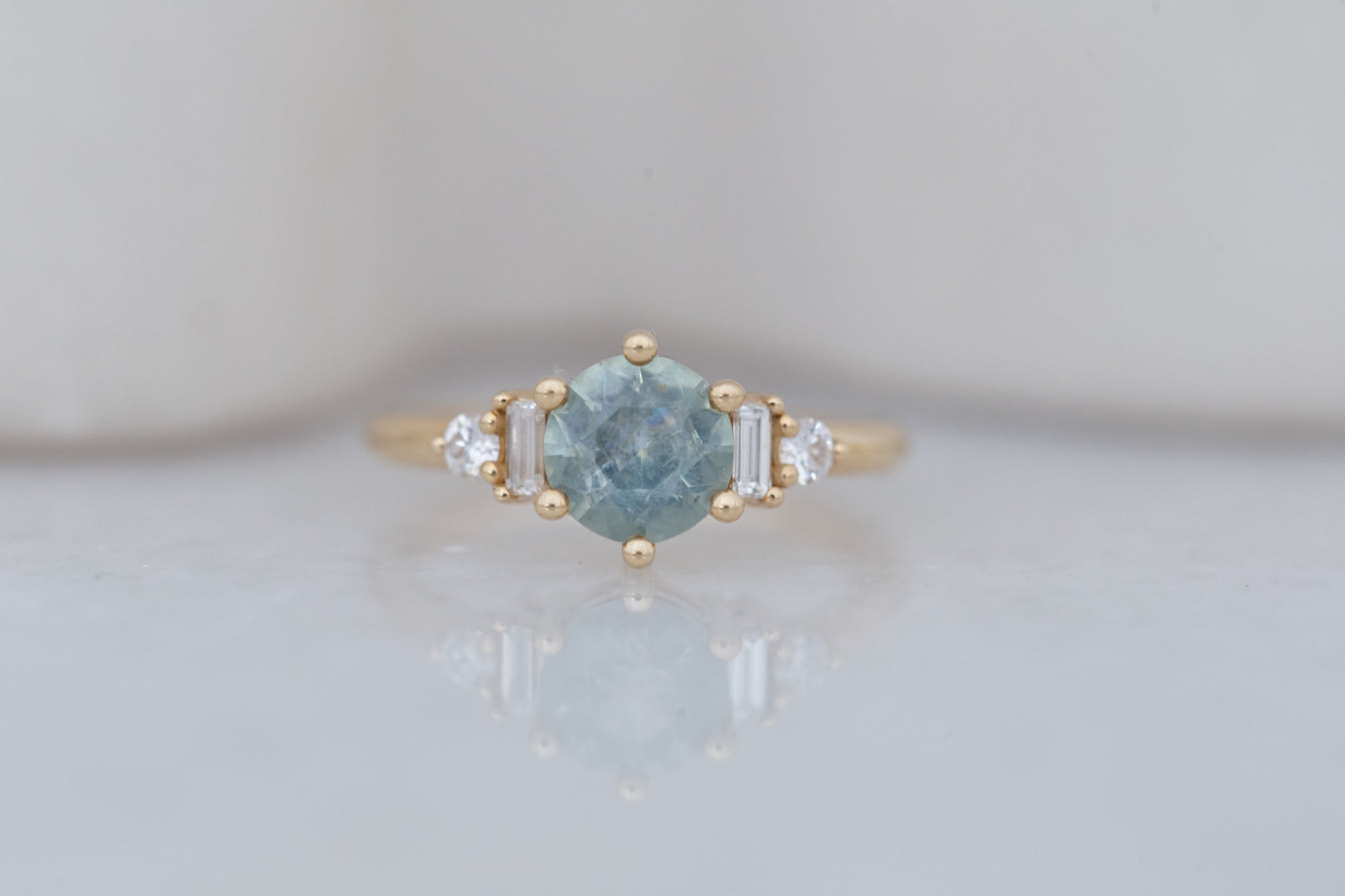 Alsea Ring | Mint Green Montana Sapphire + Baguette and Round Diamond Accent Engagement Ring 1.55 ct | 14k Recycled Gold | One of a Kind
