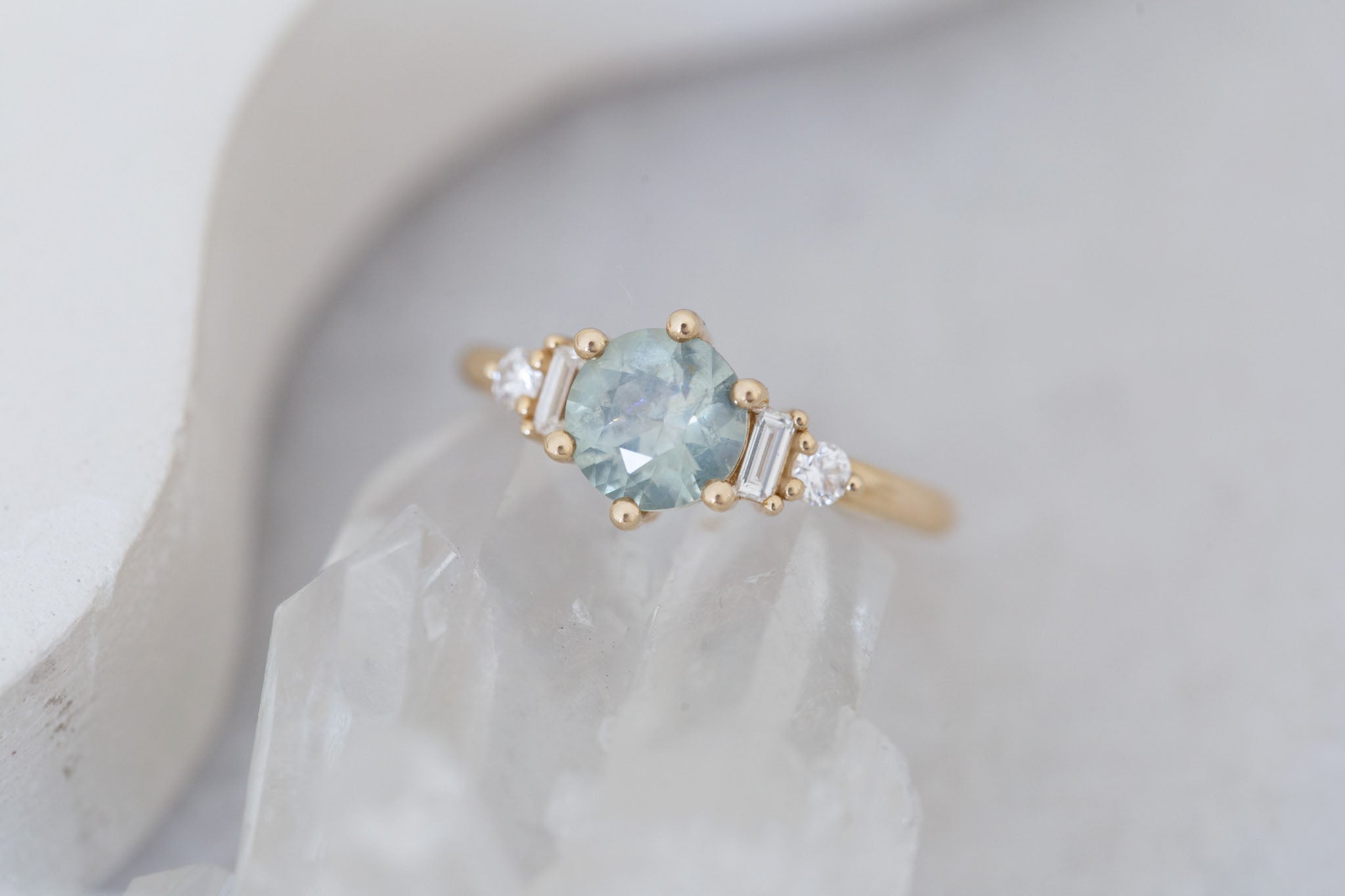 Alsea Ring | Mint Green Montana Sapphire + Baguette and Round Diamond Accent Engagement Ring 1.55 ct | 14k Recycled Gold | One of a Kind