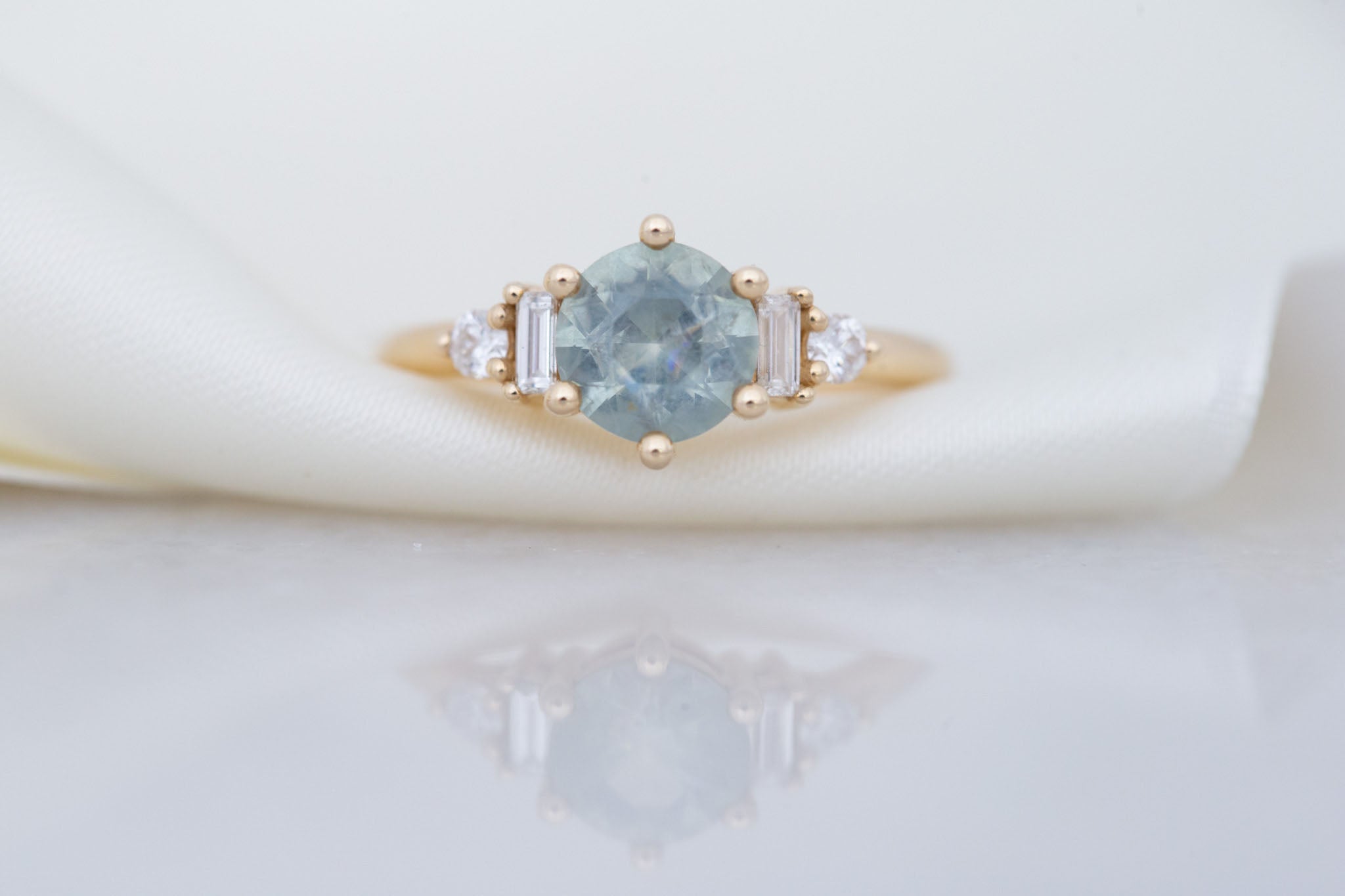 Alsea Ring | Mint Green Montana Sapphire + Baguette and Round Diamond Accent Engagement Ring 1.55 ct | 14k Recycled Gold | One of a Kind