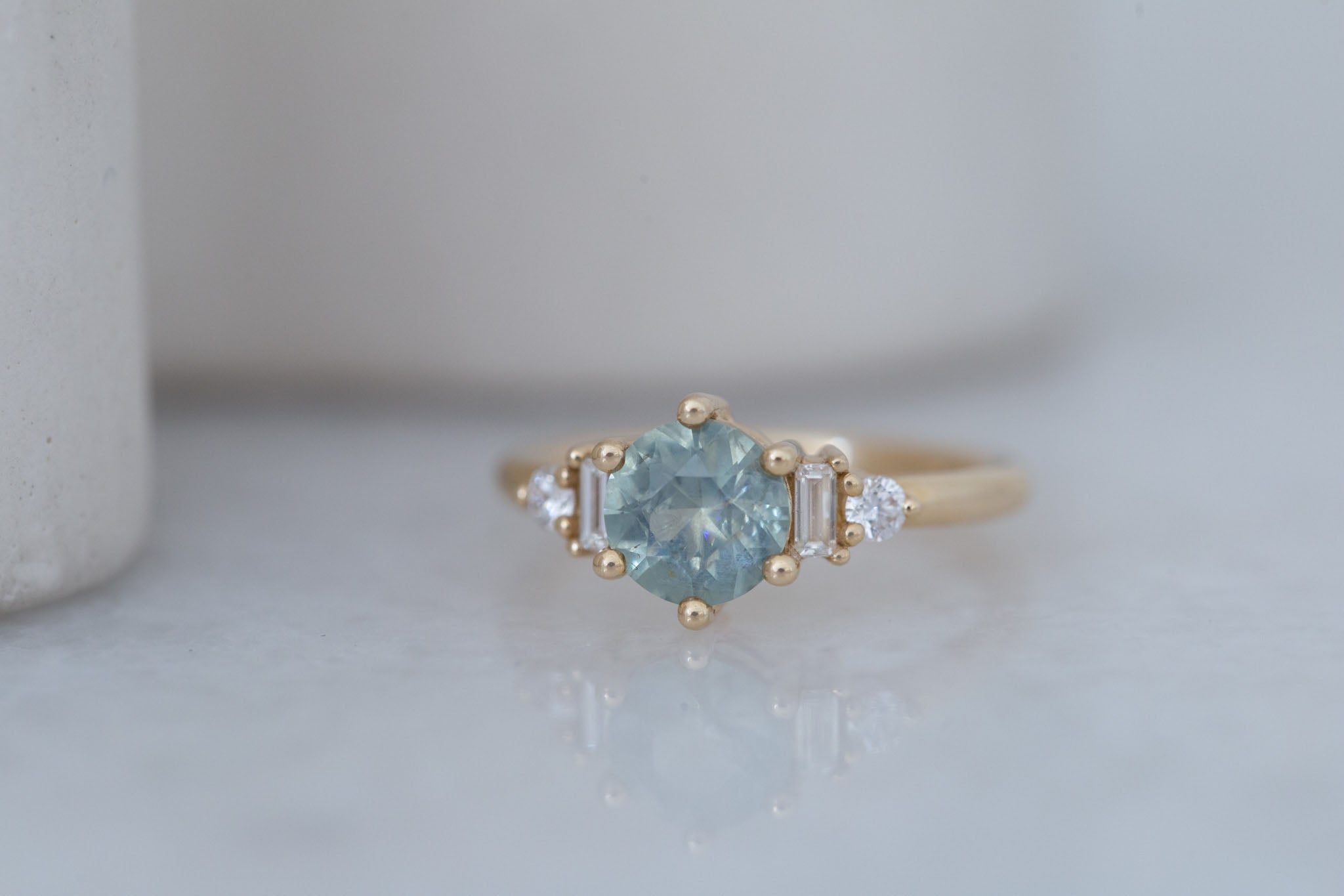 Alsea Ring | Mint Green Montana Sapphire + Baguette and Round Diamond Accent Engagement Ring 1.55 ct | 14k Recycled Gold | One of a Kind