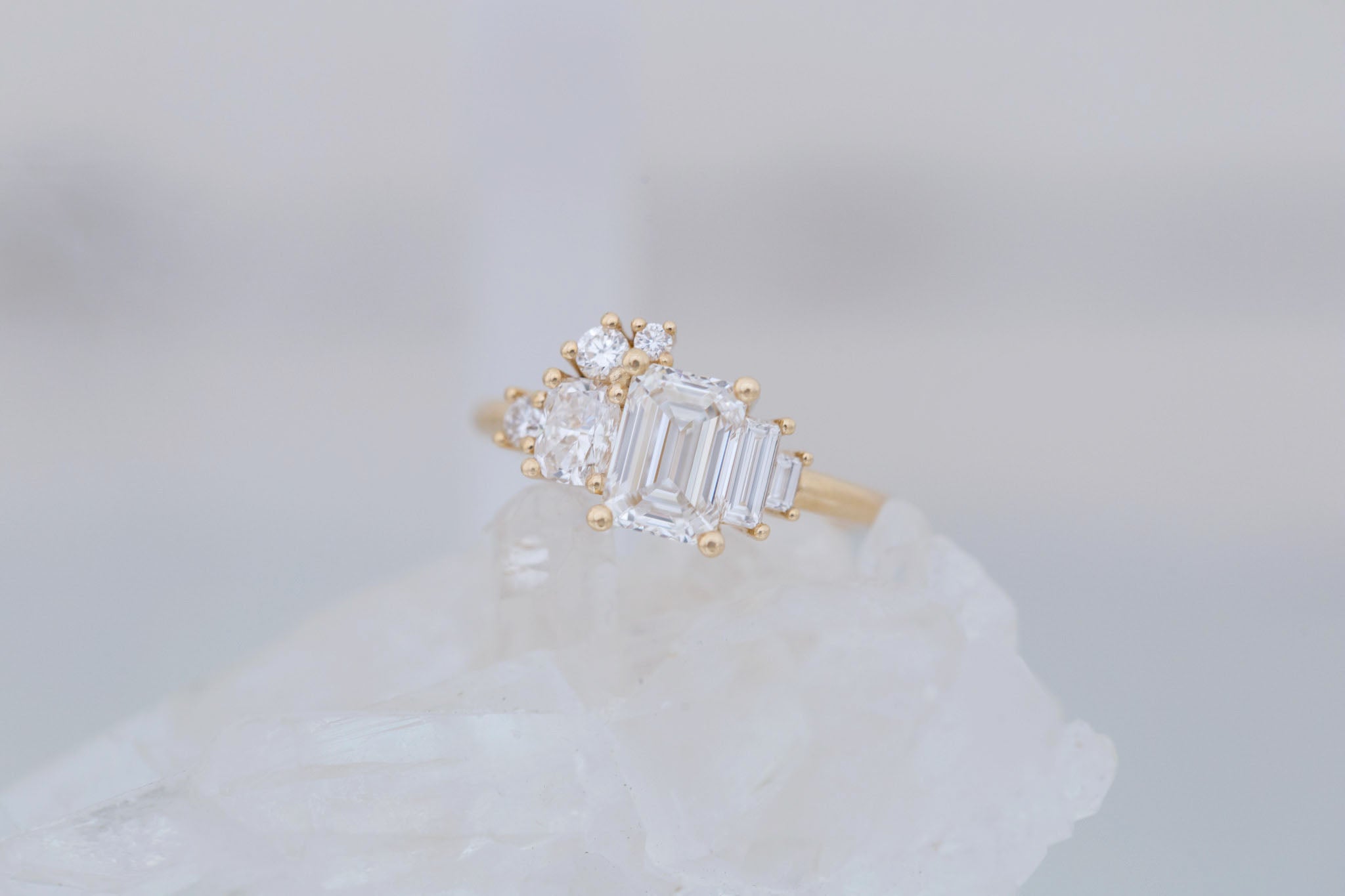 Rosalie Ring | Lab Radiant Diamond + Diamond Cluster Engagement Ring 1.56 ct | 14k Recycled Gold | One of a Kind