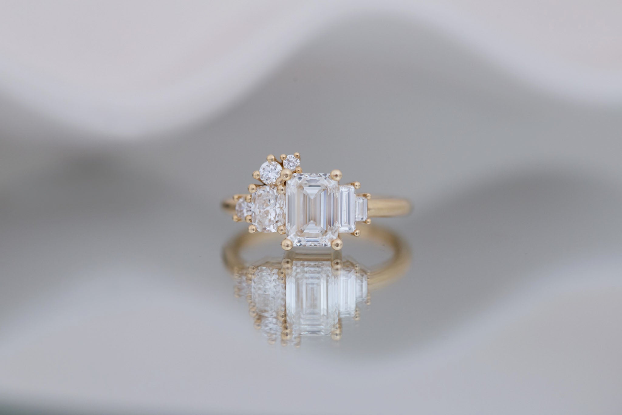 Rosalie Ring | Lab Radiant Diamond + Diamond Cluster Engagement Ring 1.56 ct | 14k Recycled Gold | One of a Kind