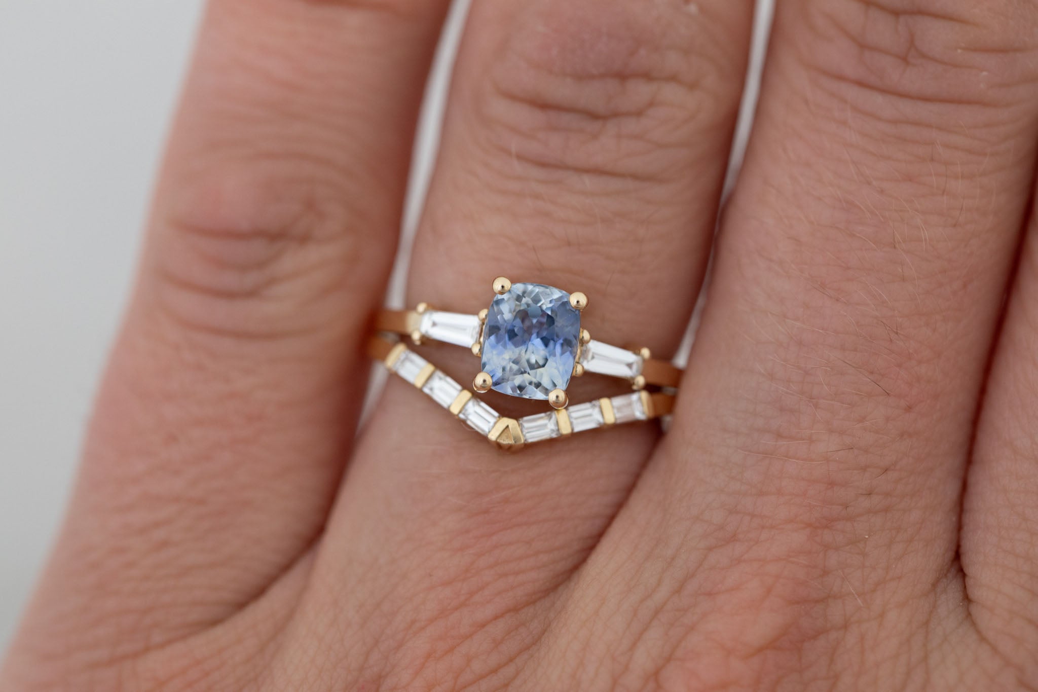 Marlowe Ring | Bicolor Cushion Cut Sapphire + Tapered Baguette Engagement Ring 1.58 ct | 14k Recycled Gold | One of a Kind