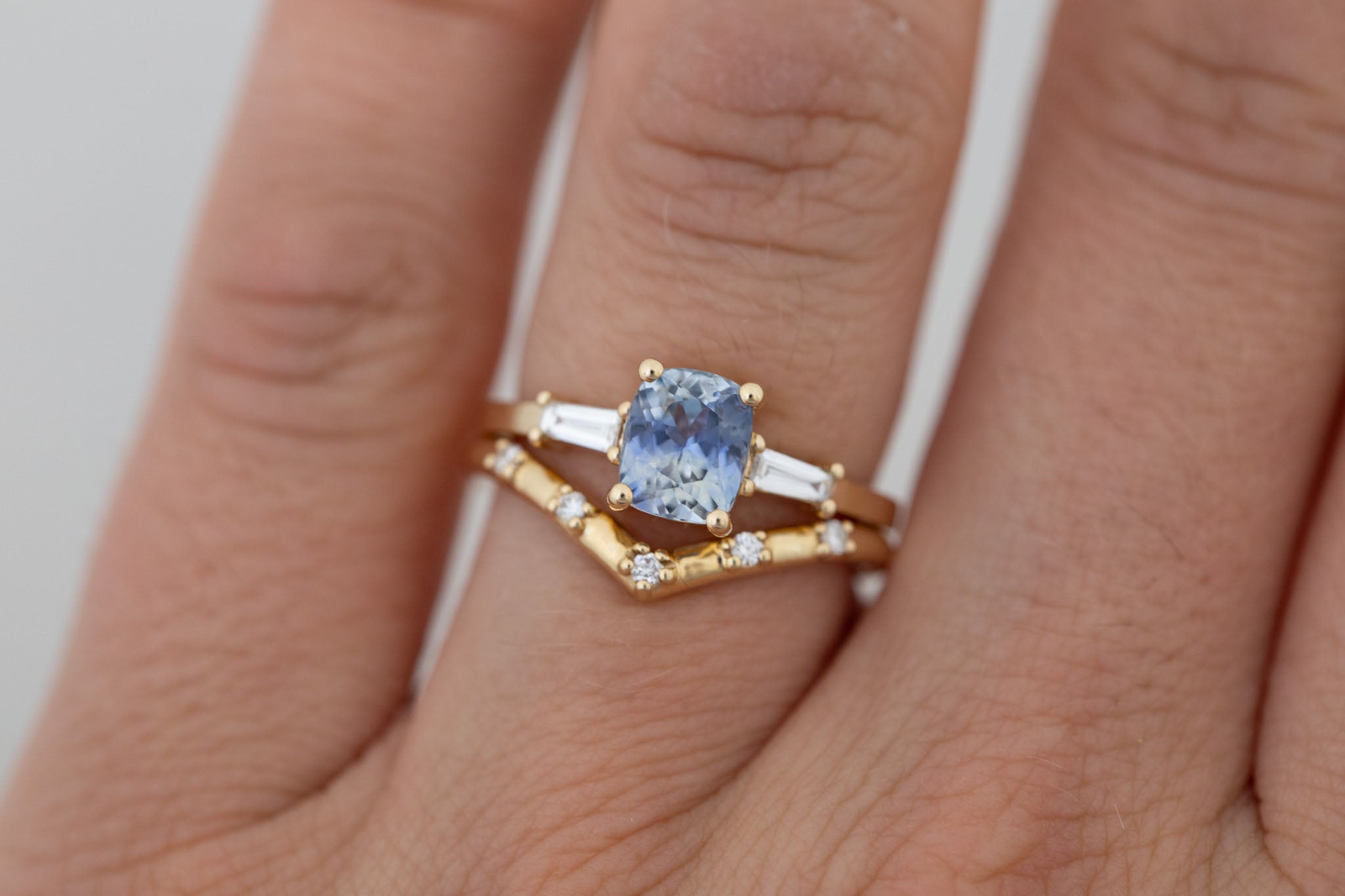 Marlowe Ring | Bicolor Cushion Cut Sapphire + Tapered Baguette Engagement Ring 1.58 ct | 14k Recycled Gold | One of a Kind