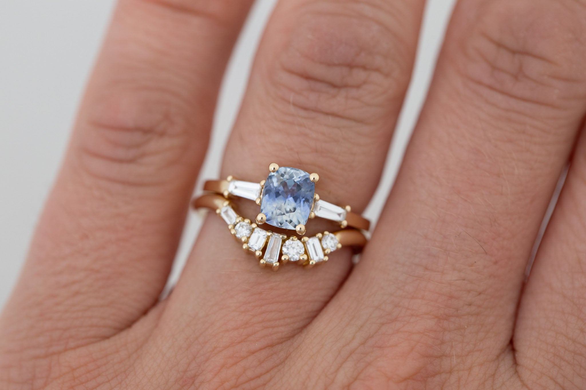 Marlowe Ring | Bicolor Cushion Cut Sapphire + Tapered Baguette Engagement Ring 1.58 ct | 14k Recycled Gold | One of a Kind
