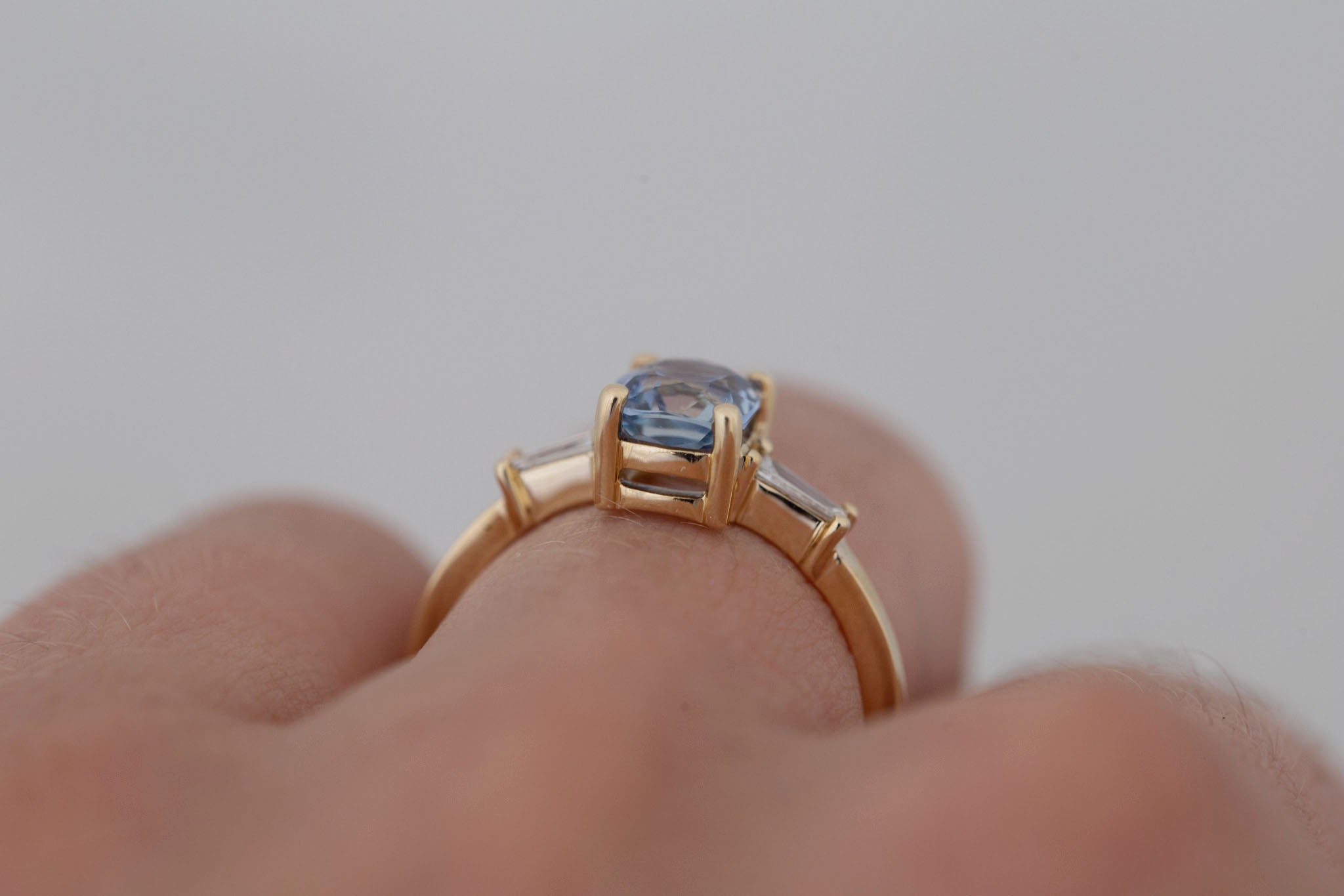 Marlowe Ring | Bicolor Cushion Cut Sapphire + Tapered Baguette Engagement Ring 1.58 ct | 14k Recycled Gold | One of a Kind