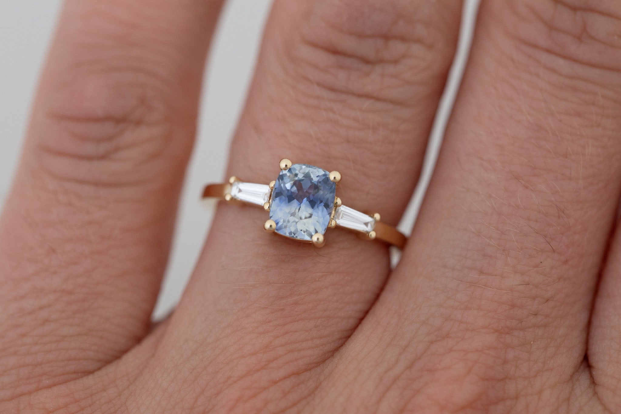 Marlowe Ring | Bicolor Cushion Cut Sapphire + Tapered Baguette Engagement Ring 1.58 ct | 14k Recycled Gold | One of a Kind