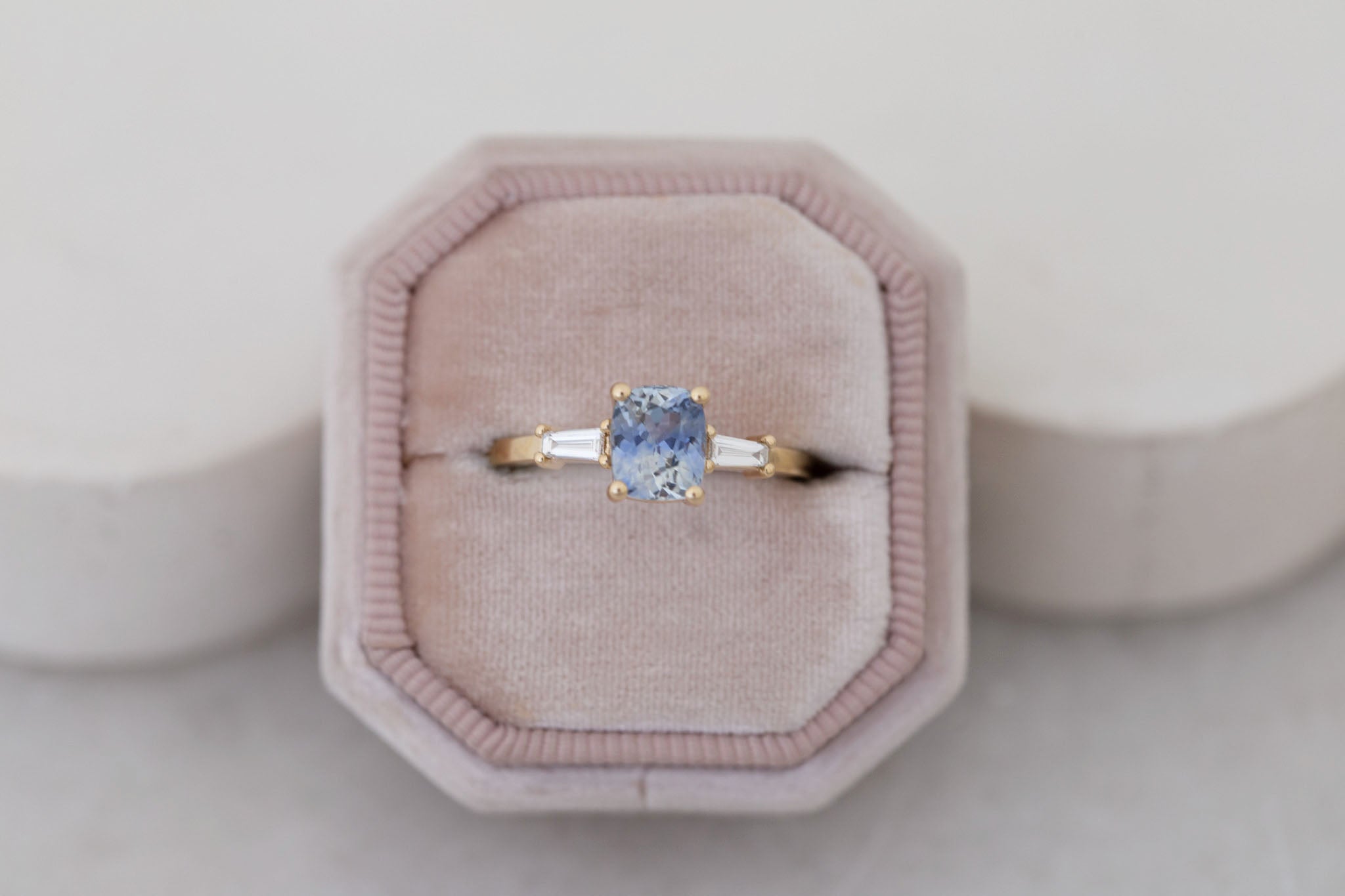Marlowe Ring | Bicolor Cushion Cut Sapphire + Tapered Baguette Engagement Ring 1.58 ct | 14k Recycled Gold | One of a Kind