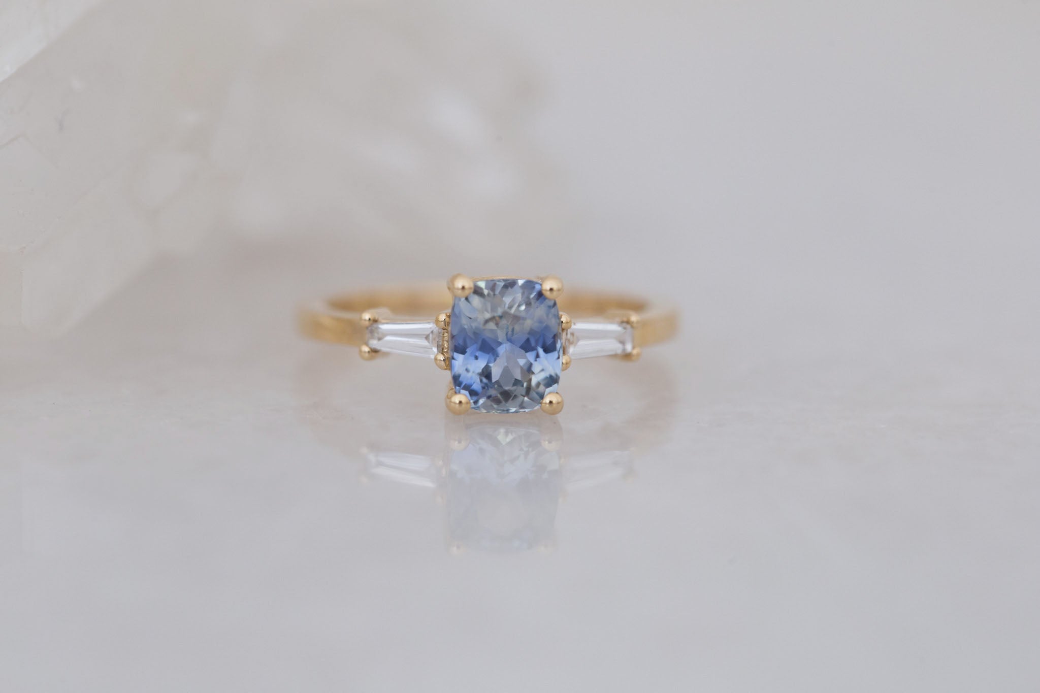 Marlowe Ring | Bicolor Cushion Cut Sapphire + Tapered Baguette Engagement Ring 1.58 ct | 14k Recycled Gold | One of a Kind
