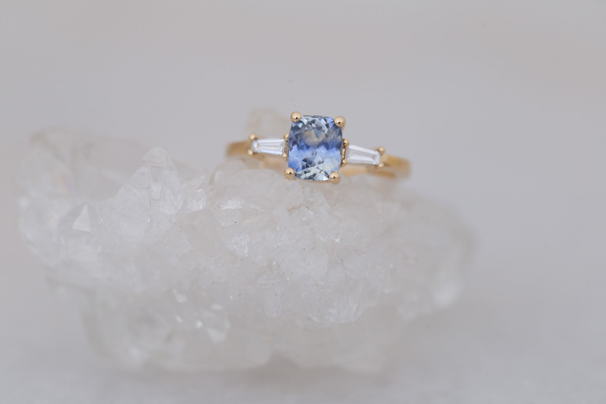 Marlowe Ring | Bicolor Cushion Cut Sapphire + Tapered Baguette Engagement Ring 1.58 ct | 14k Recycled Gold | One of a Kind