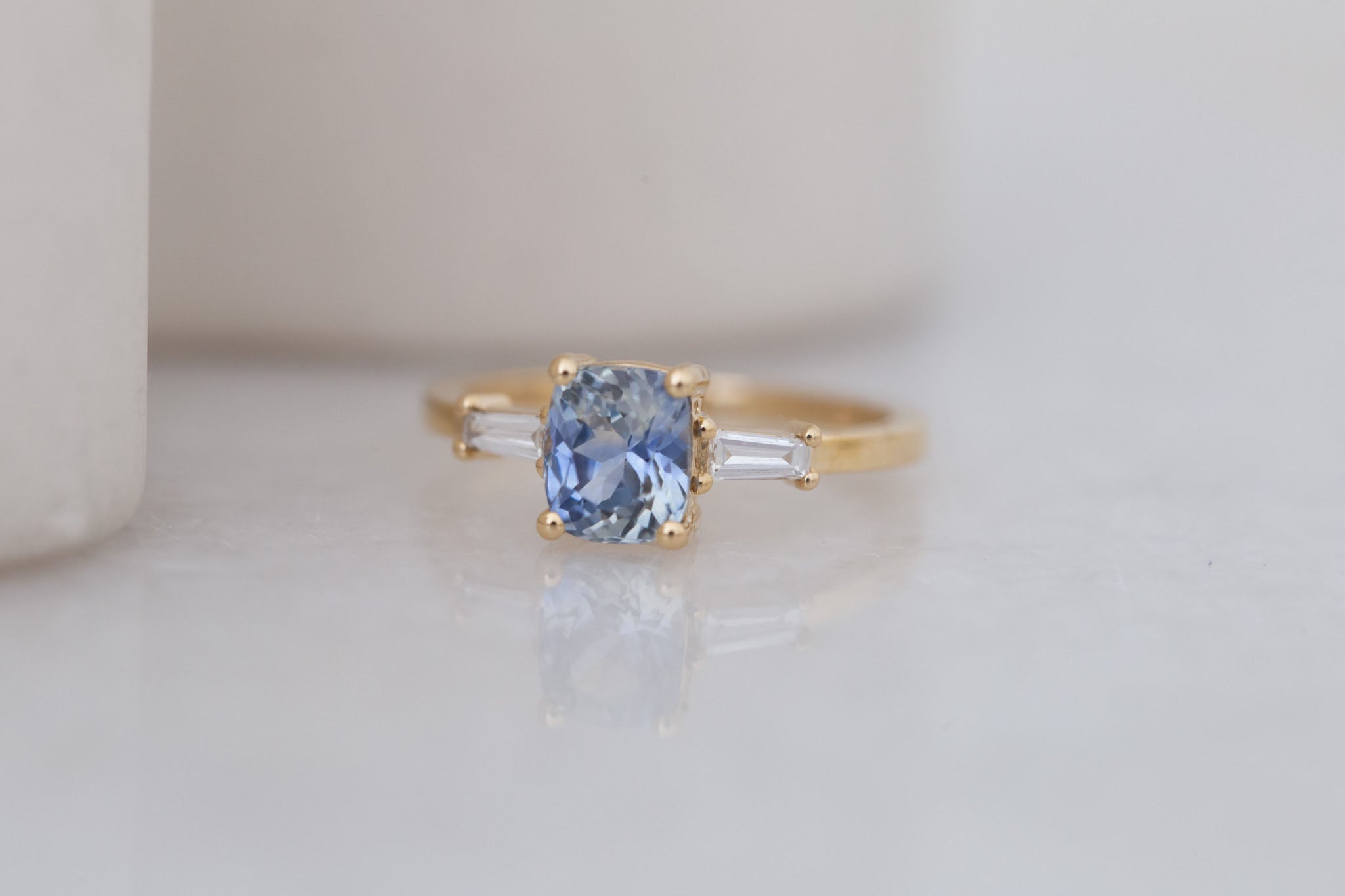 Marlowe Ring | Bicolor Cushion Cut Sapphire + Tapered Baguette Engagement Ring 1.58 ct | 14k Recycled Gold | One of a Kind