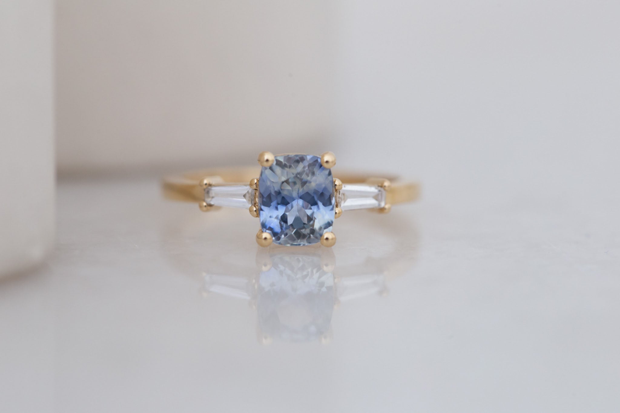Marlowe Ring | Bicolor Cushion Cut Sapphire + Tapered Baguette Engagement Ring 1.58 ct | 14k Recycled Gold | One of a Kind