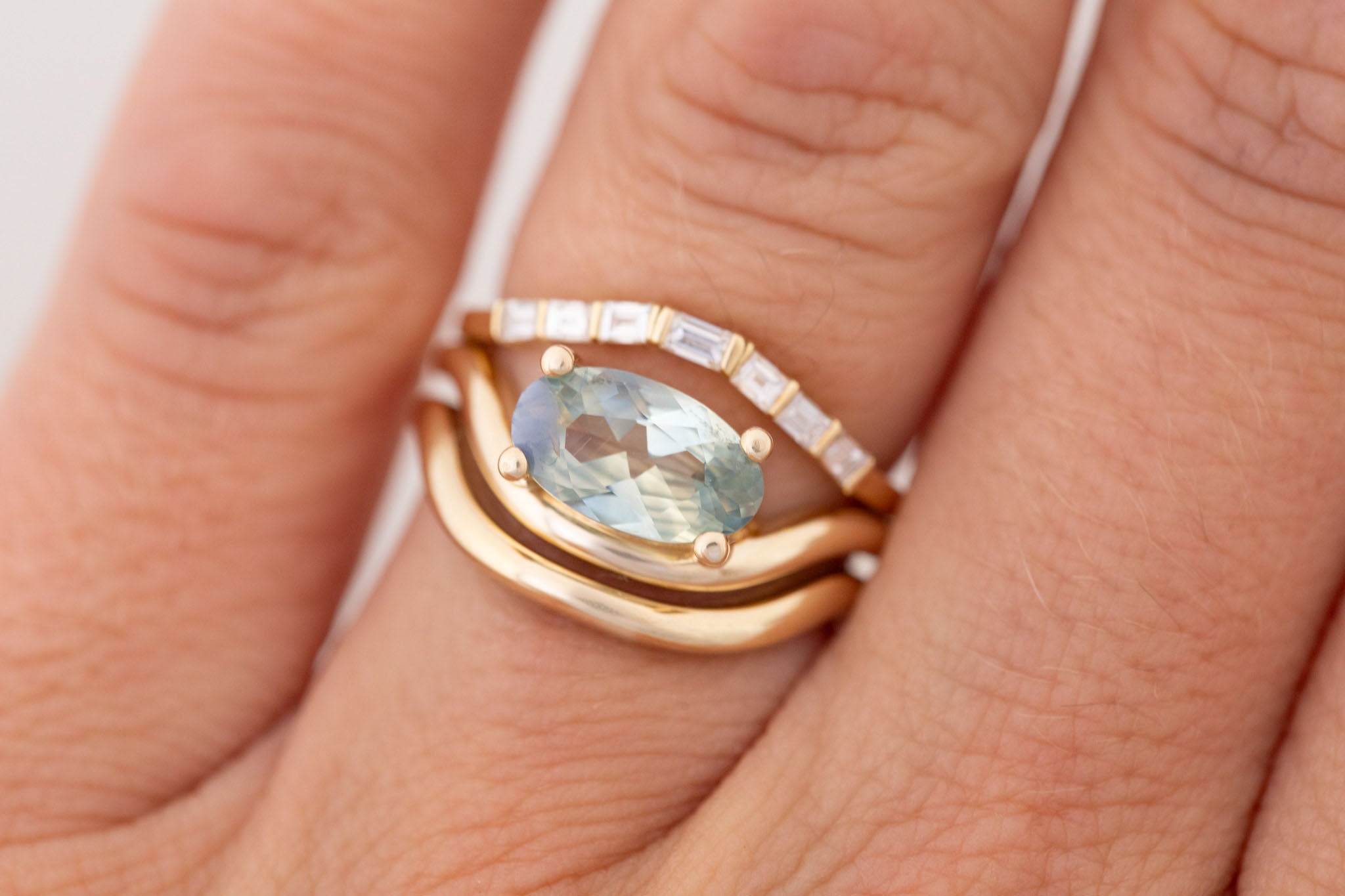 Hayes Ring | Bicolor Moval Solitaire + Double Curved Band Engagement Ring 1.58 ct | 14k Recycled Gold | One of a Kind