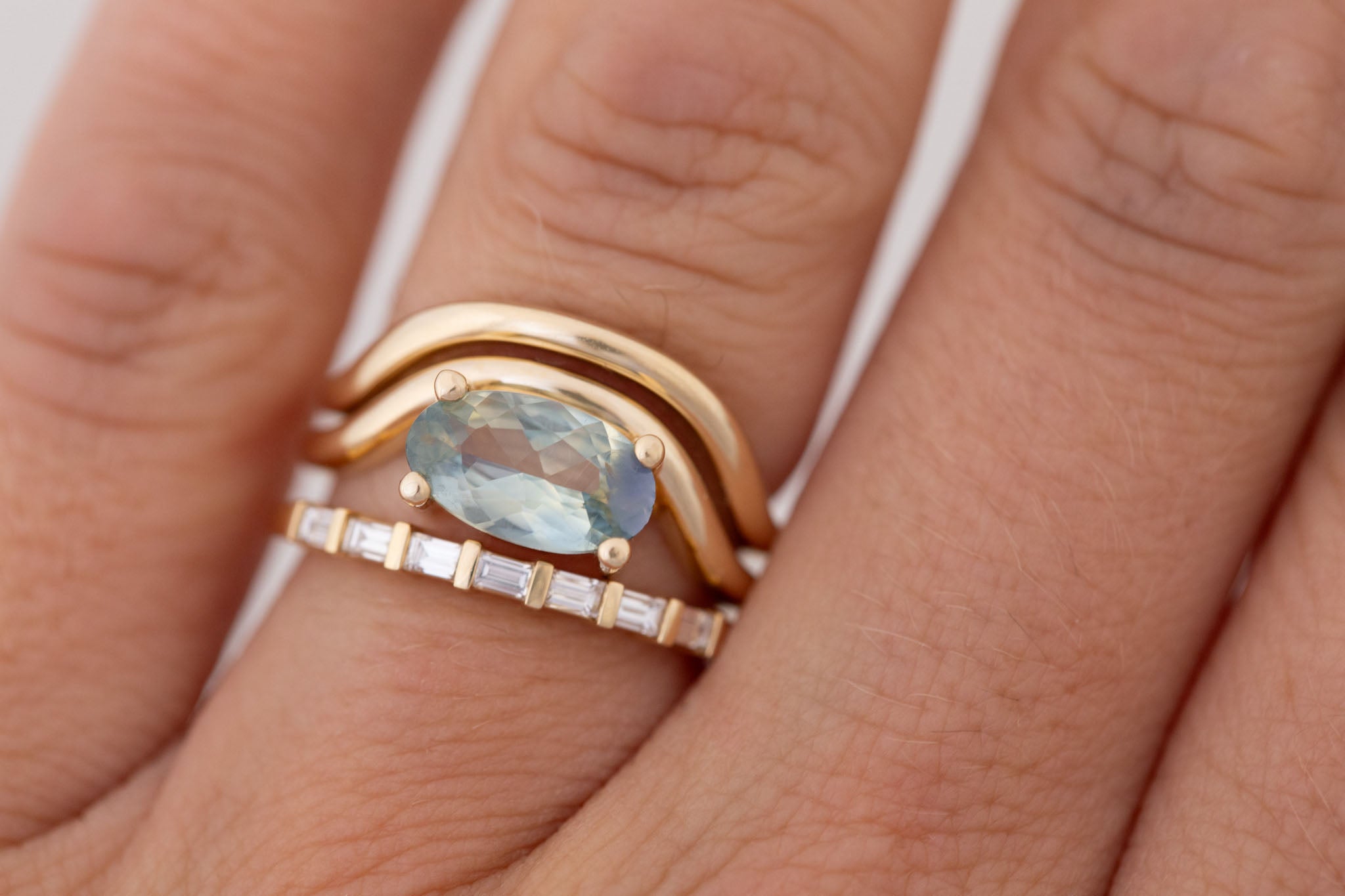 Hayes Ring | Bicolor Moval Solitaire + Double Curved Band Engagement Ring 1.58 ct | 14k Recycled Gold | One of a Kind
