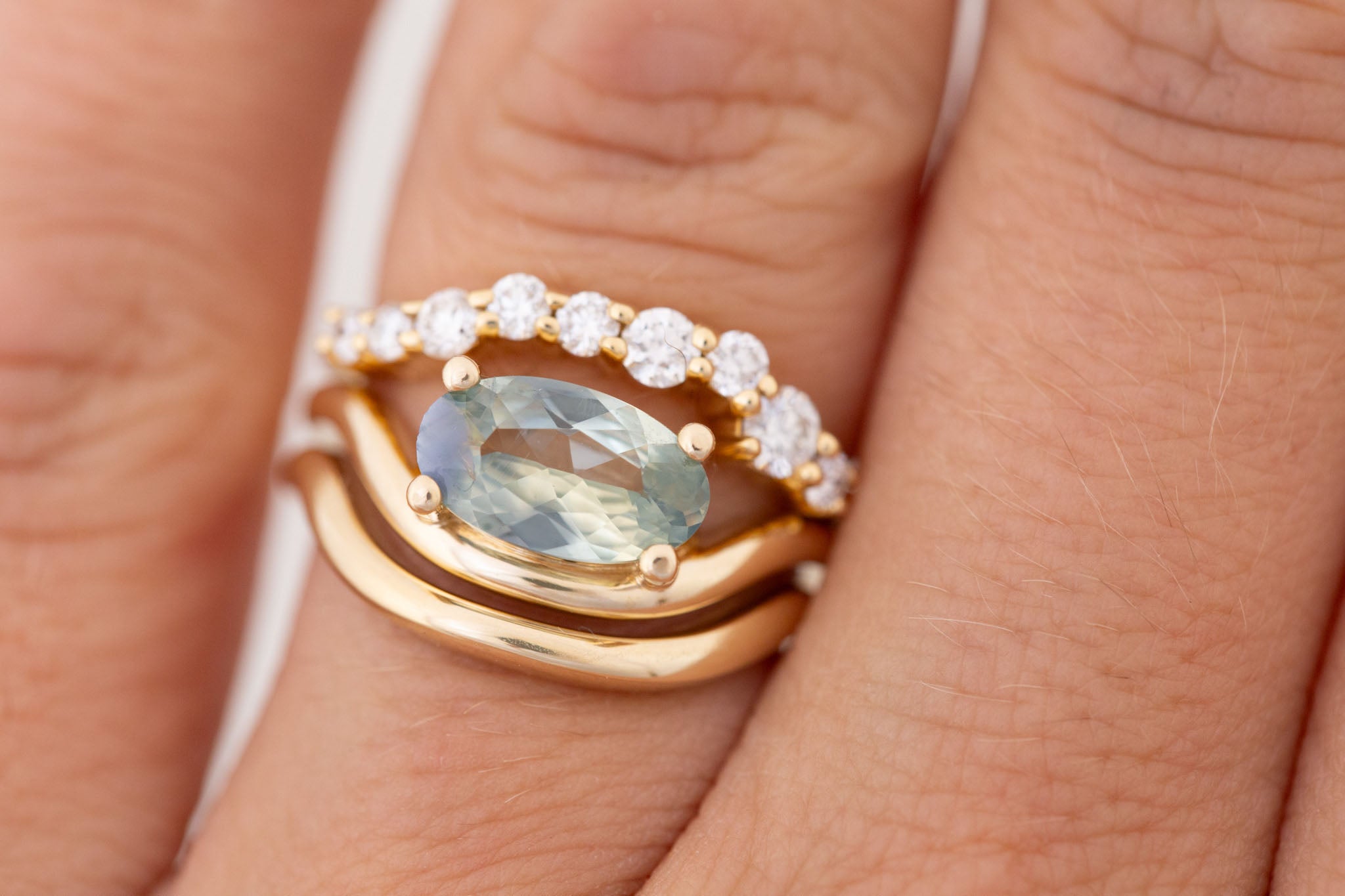 Hayes Ring | Bicolor Moval Solitaire + Double Curved Band Engagement Ring 1.58 ct | 14k Recycled Gold | One of a Kind