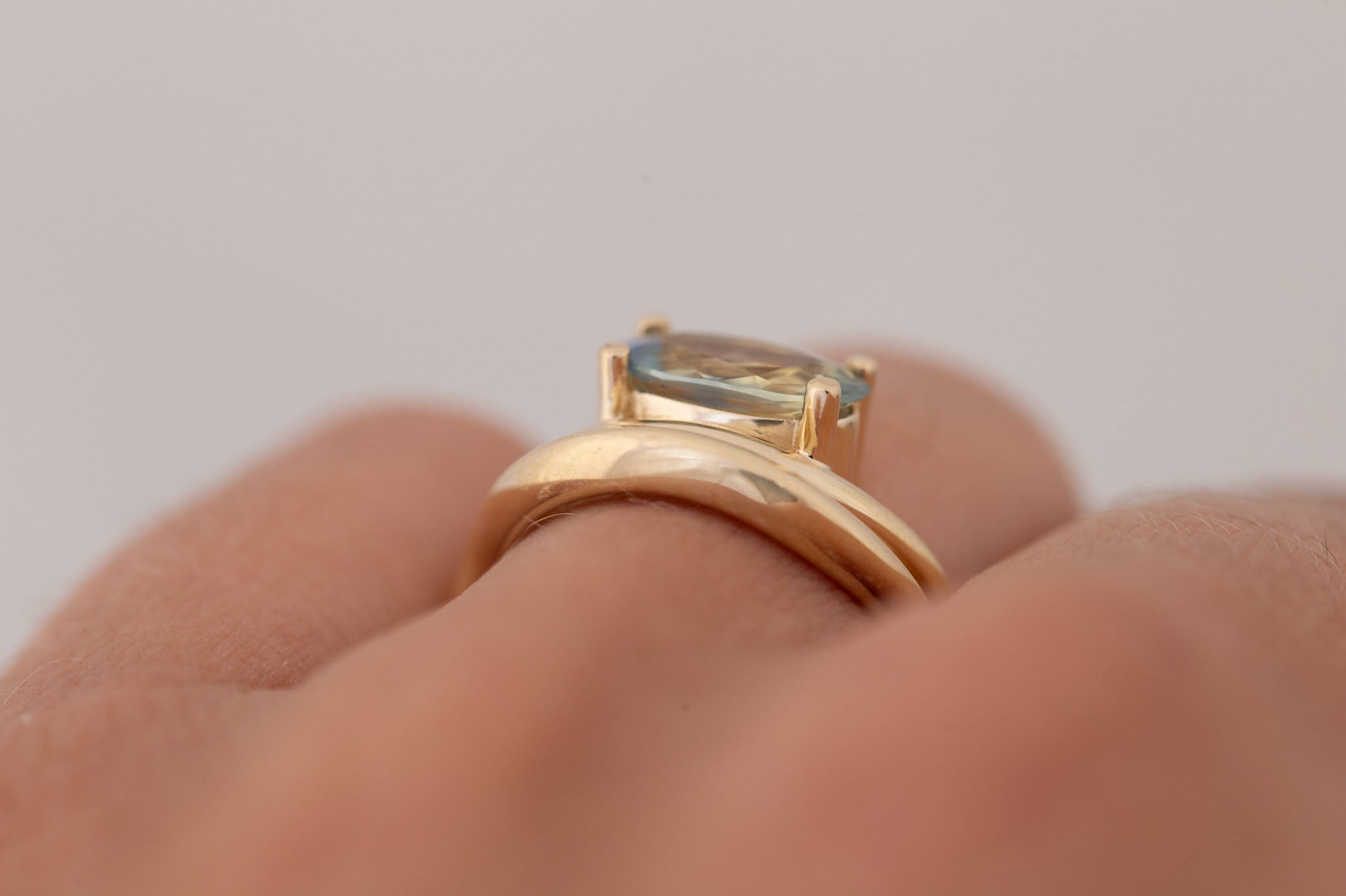 Hayes Ring | Bicolor Moval Solitaire + Double Curved Band Engagement Ring 1.58 ct | 14k Recycled Gold | One of a Kind