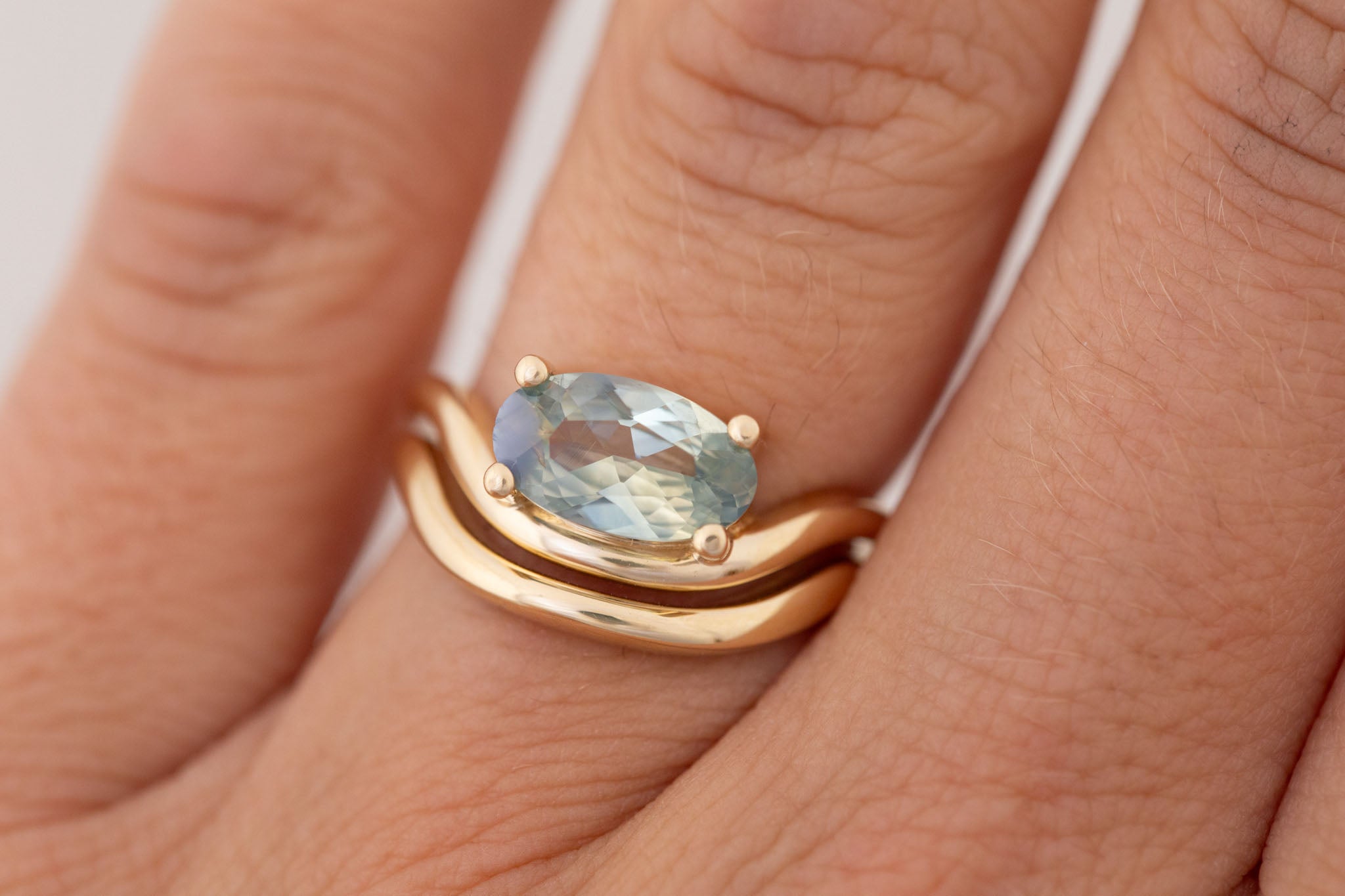 Hayes Ring | Bicolor Moval Solitaire + Double Curved Band Engagement Ring 1.58 ct | 14k Recycled Gold | One of a Kind