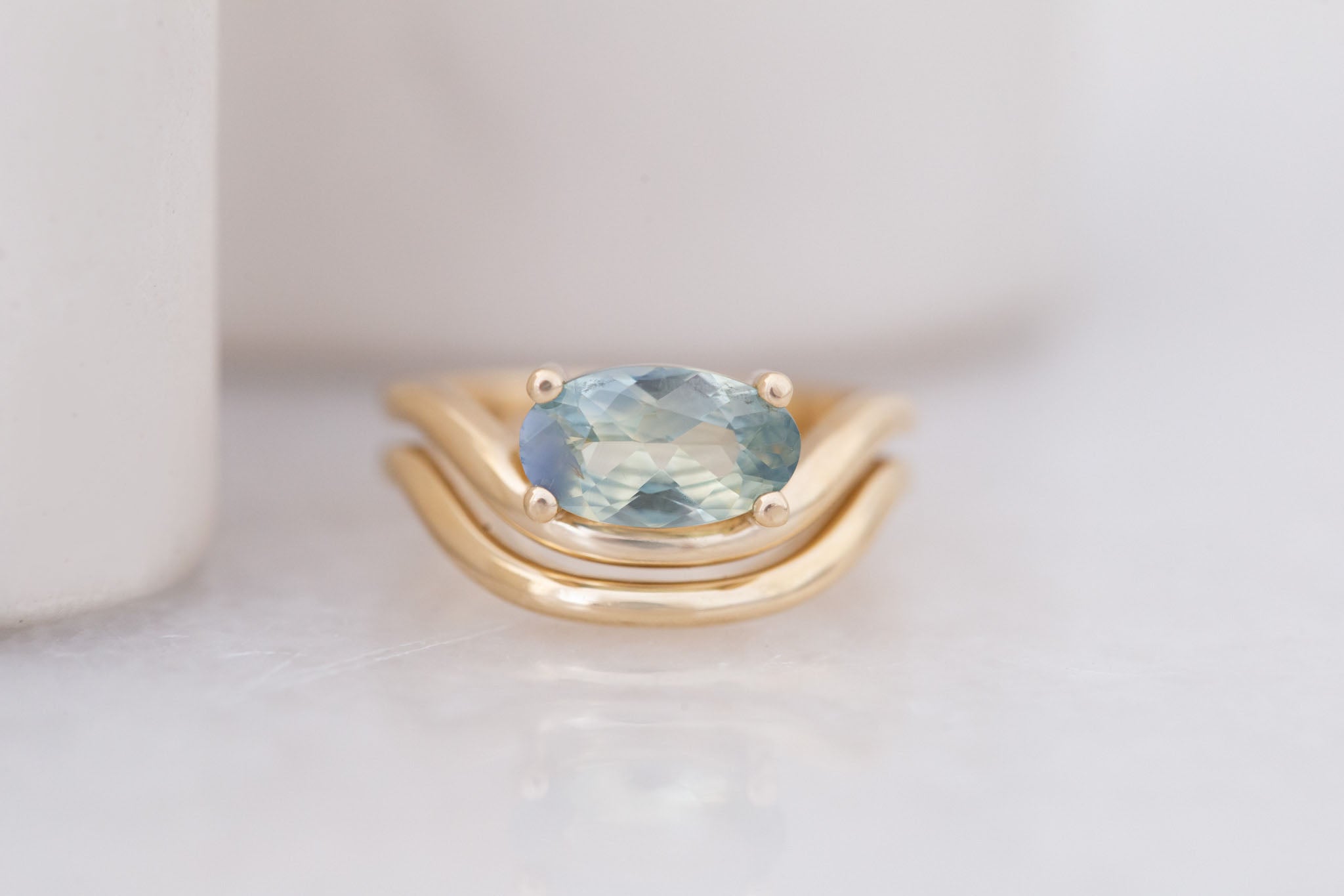Hayes Ring | Bicolor Moval Solitaire + Double Curved Band Engagement Ring 1.58 ct | 14k Recycled Gold | One of a Kind