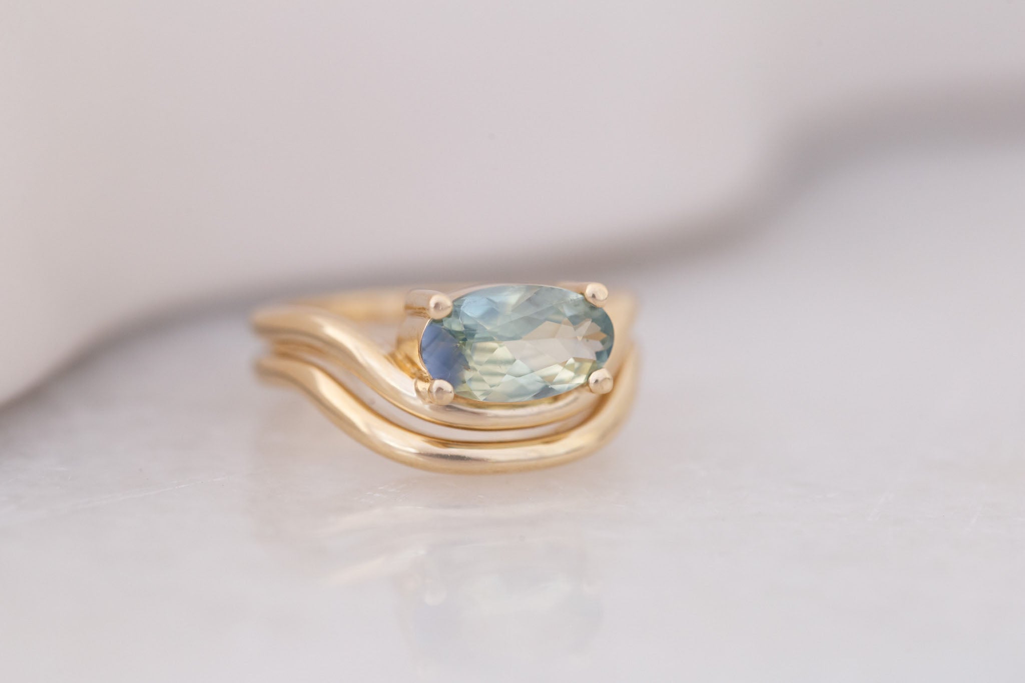 Hayes Ring | Bicolor Moval Solitaire + Double Curved Band Engagement Ring 1.58 ct | 14k Recycled Gold | One of a Kind