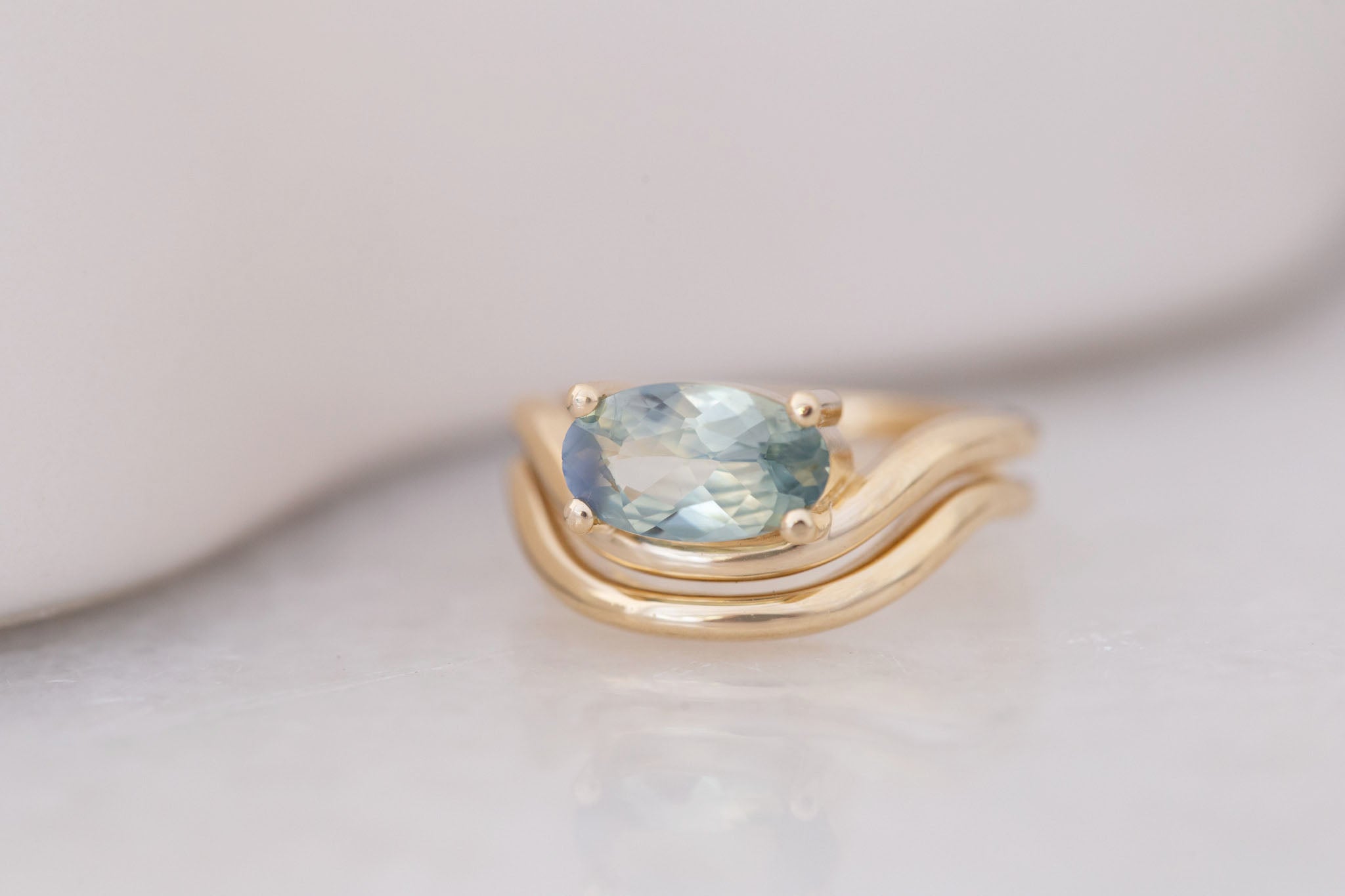 Hayes Ring | Bicolor Moval Solitaire + Double Curved Band Engagement Ring 1.58 ct | 14k Recycled Gold | One of a Kind