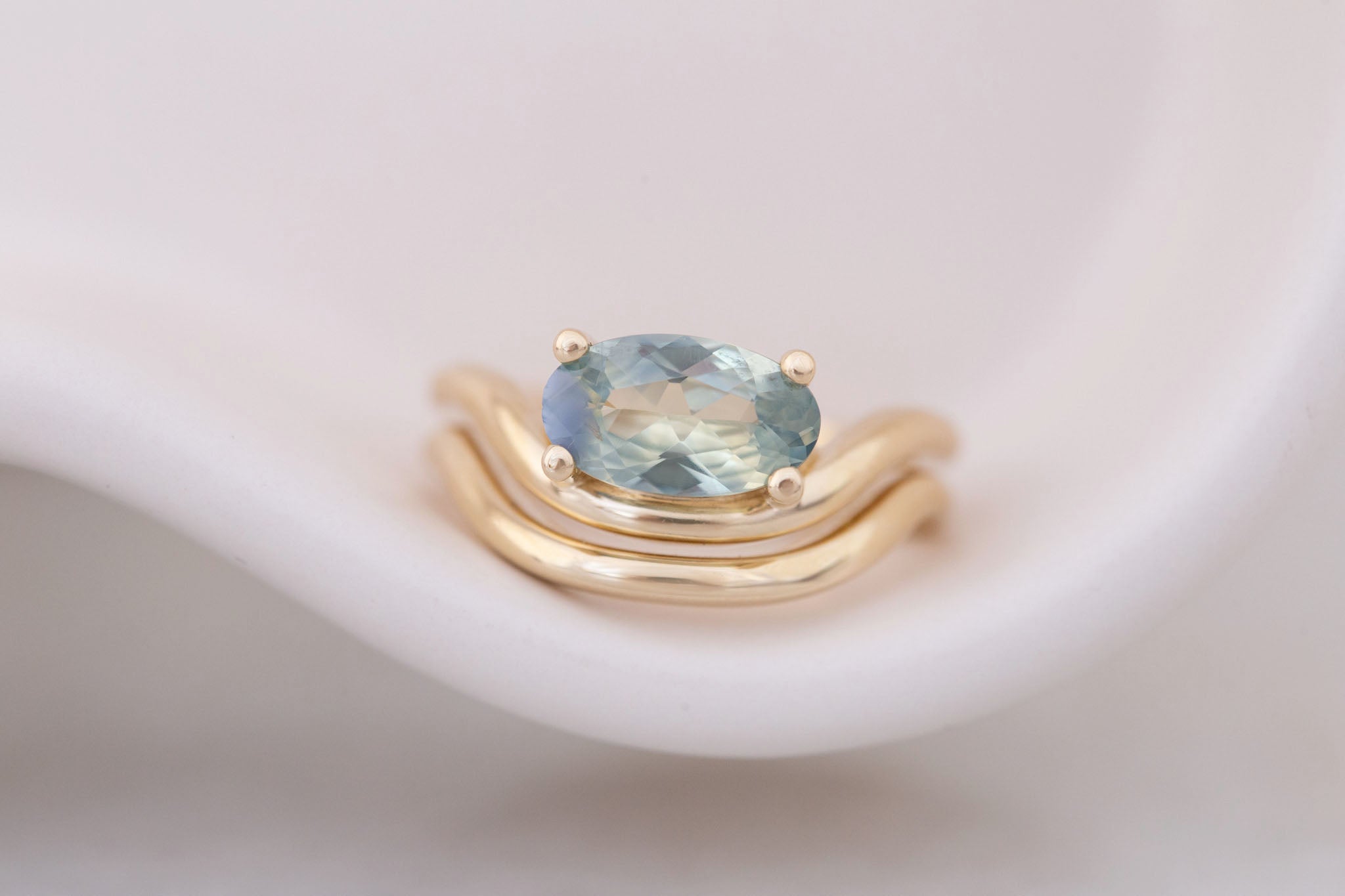 Hayes Ring | Bicolor Moval Solitaire + Double Curved Band Engagement Ring 1.58 ct | 14k Recycled Gold | One of a Kind