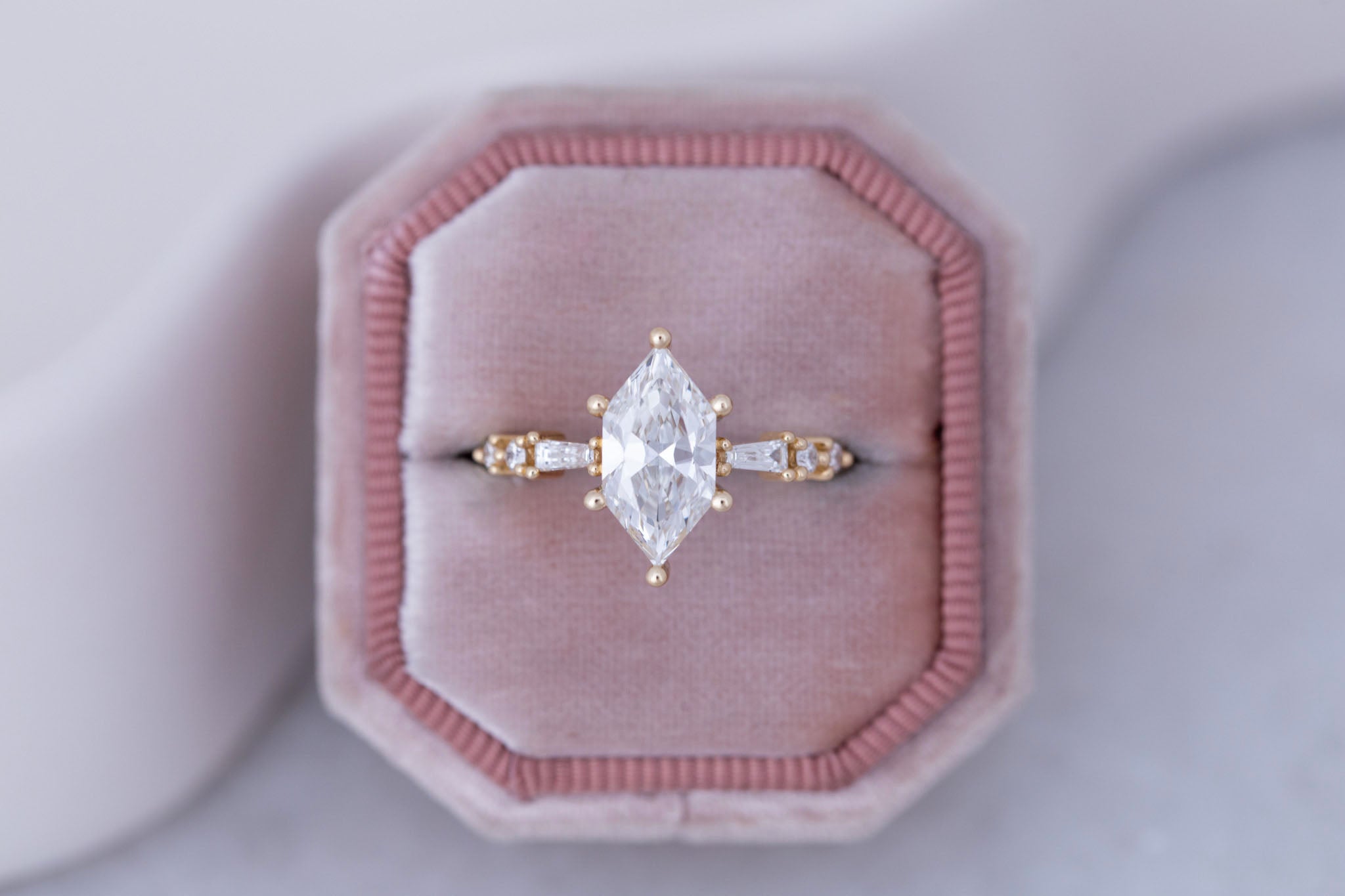 Liesel Ring | Lab Duchess Cut Diamond + Lab Diamond Baguette Accent Engagement Ring 1.58 ct | 14k Recycled Gold | One of a Kind