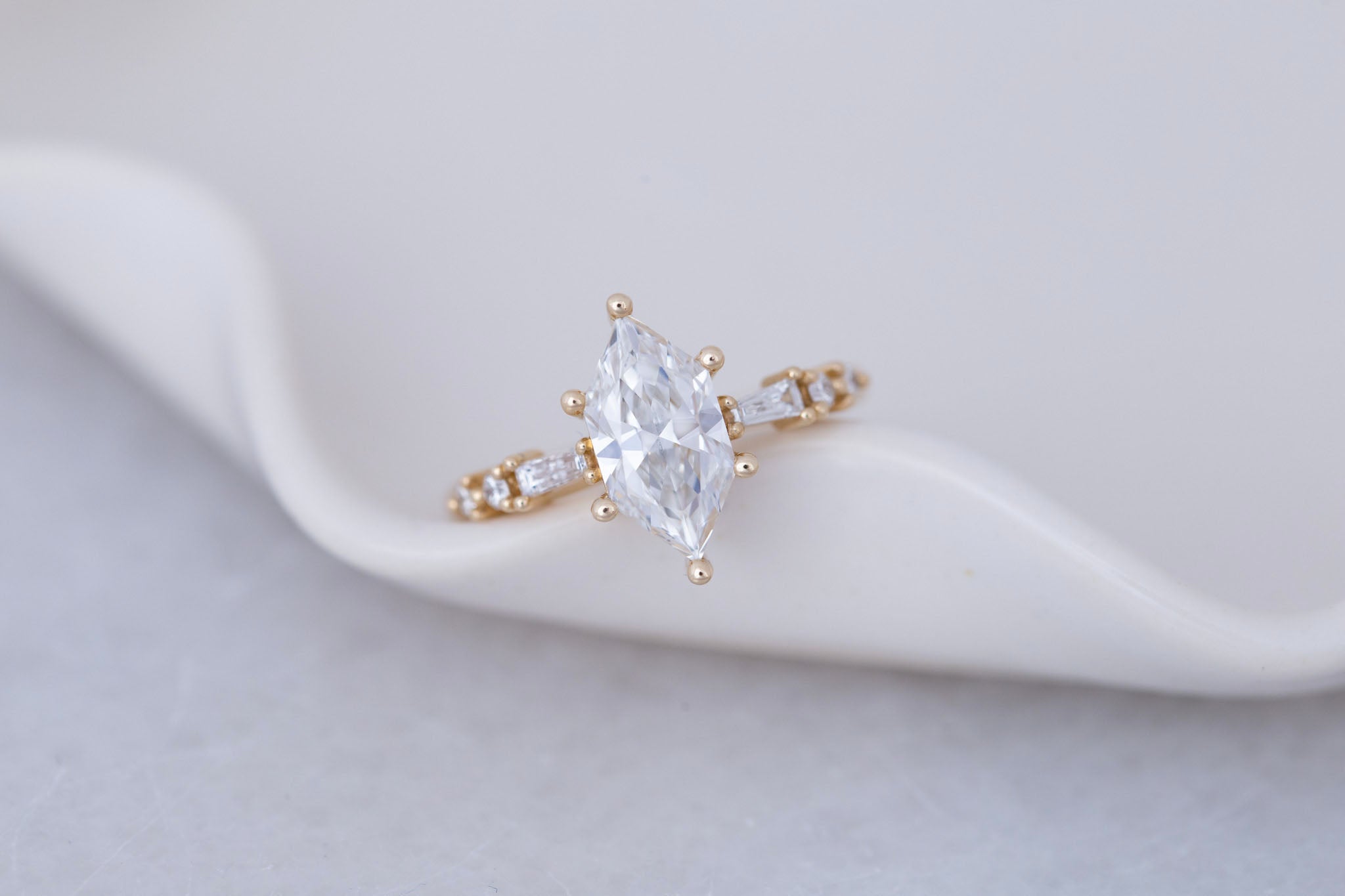 Liesel Ring | Lab Duchess Cut Diamond + Lab Diamond Baguette Accent Engagement Ring 1.58 ct | 14k Recycled Gold | One of a Kind