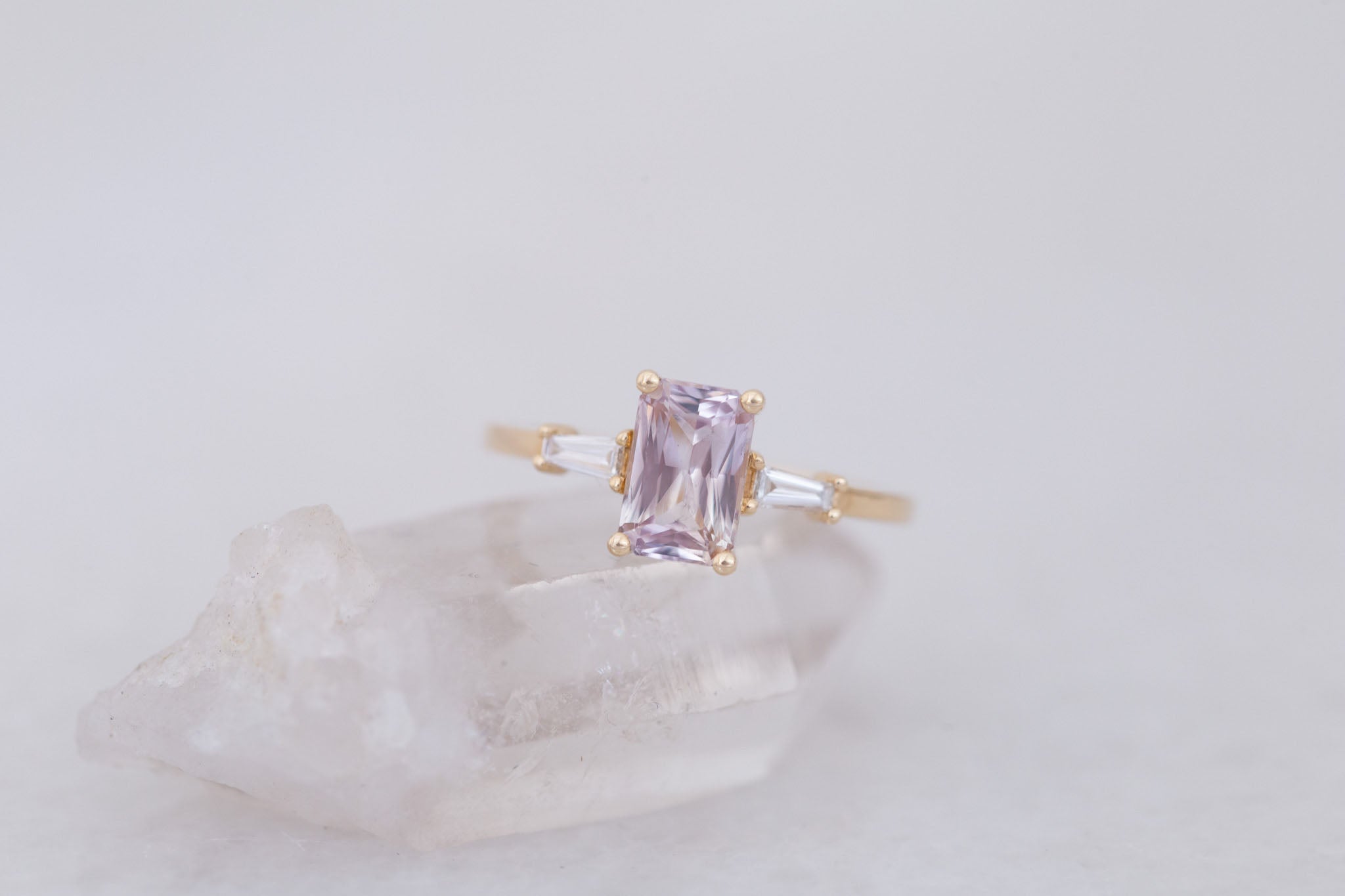 Marlowe Ring | Icy Lavender Emerald Cut Sapphire + Tapered Baguette Engagement Ring 1.34 ct | 14k Recycled Gold | One of a Kind