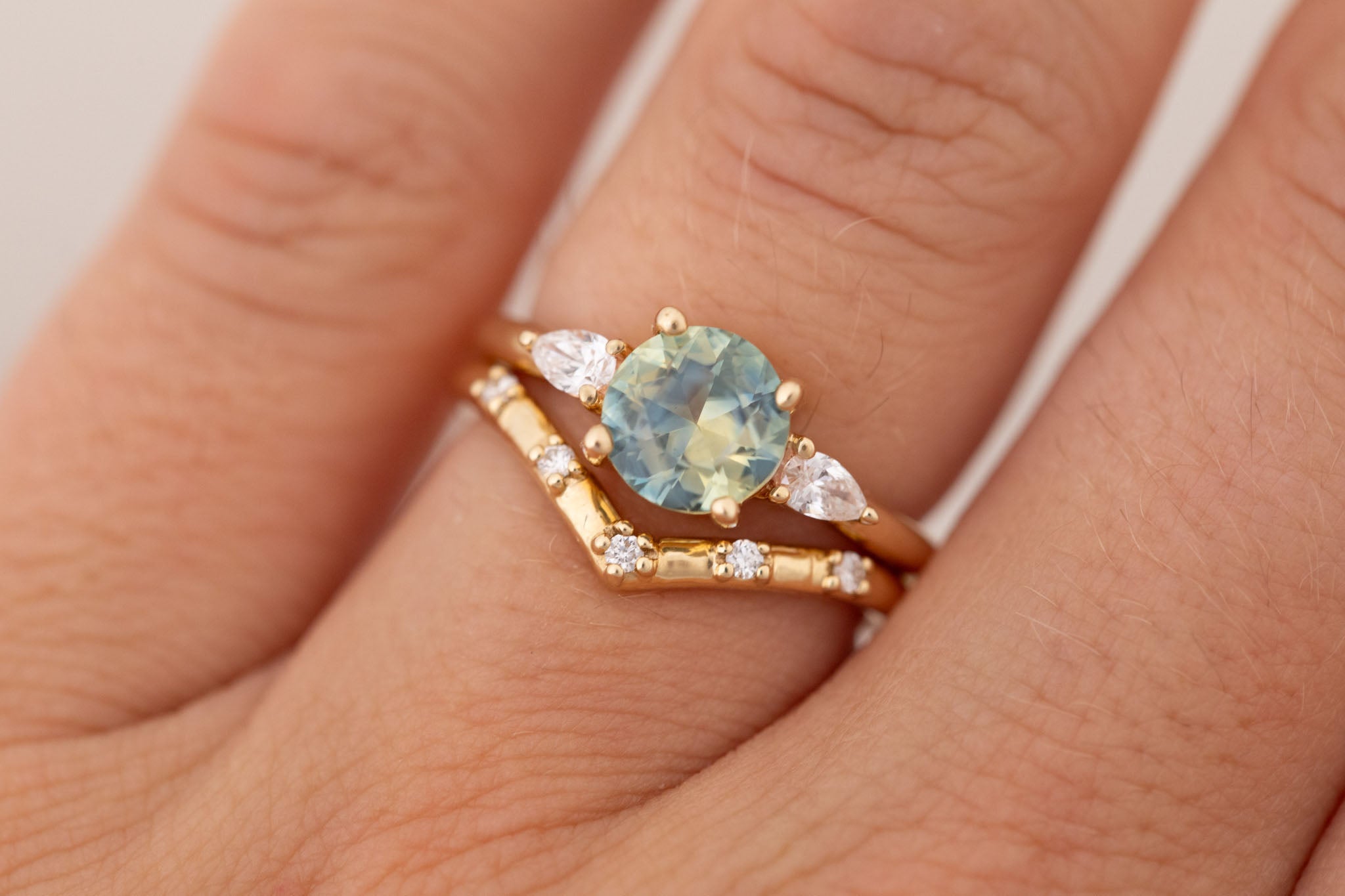 Iris Ring | Bicolor Montana Sapphire + Pear Diamond Accent Engagement Ring 1.60 ct | 14k Recycled Gold | One of a Kind