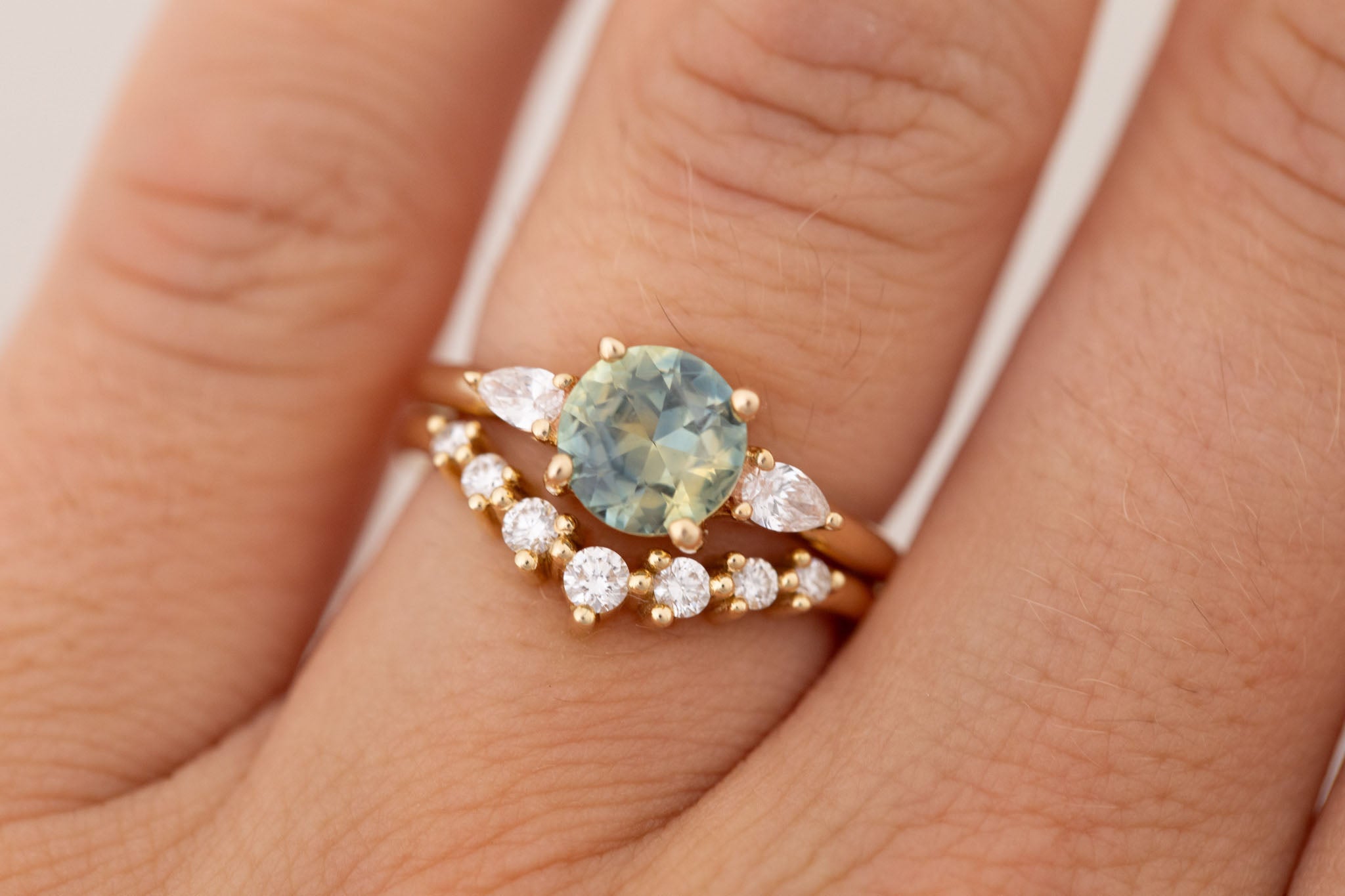 Iris Ring | Bicolor Montana Sapphire + Pear Diamond Accent Engagement Ring 1.60 ct | 14k Recycled Gold | One of a Kind