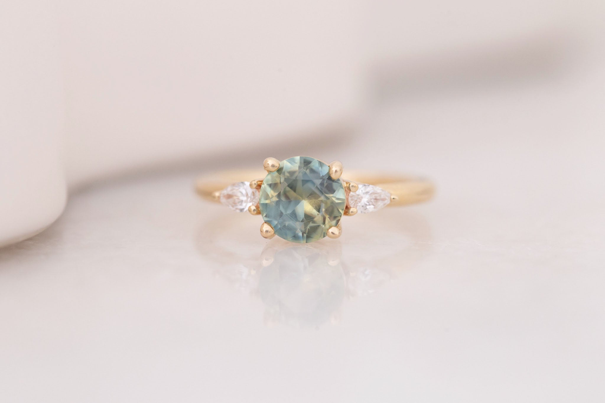 Iris Ring | Bicolor Montana Sapphire + Pear Diamond Accent Engagement Ring 1.60 ct | 14k Recycled Gold | One of a Kind