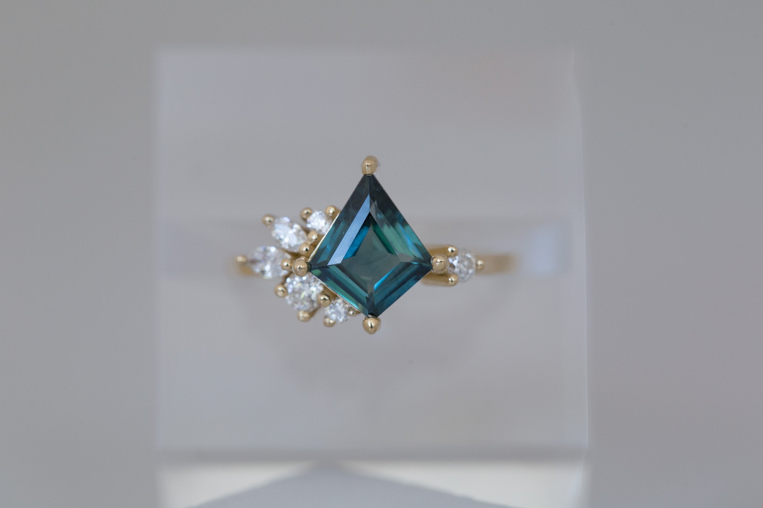 Alden Ring | Teal Sapphire Kite + Diamond Cluster Engagement Ring 1.61