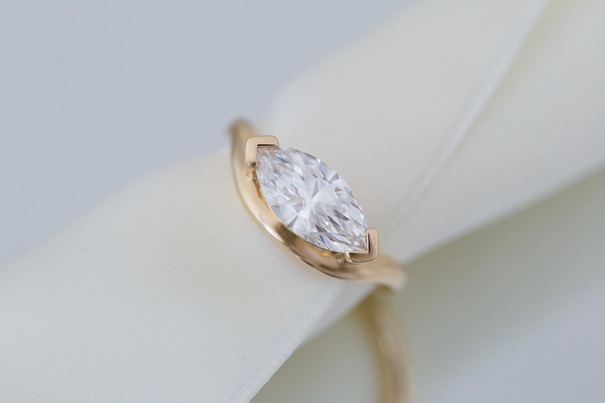 Rhodes Ring | Lab Marquise Diamond Solitaire + Curved Band Engagement Ring 1.67 ct | 14k Recycled Gold | One of a Kind