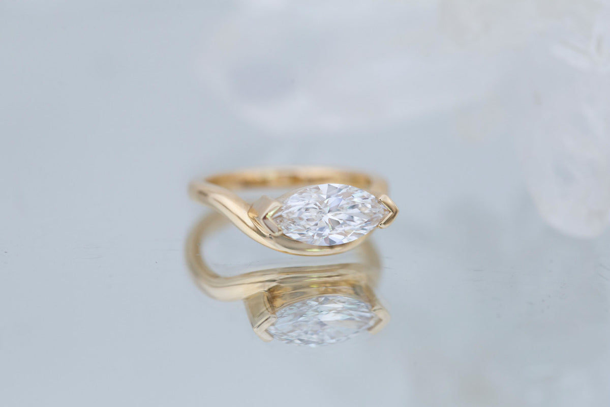 Rhodes Ring | Lab Marquise Diamond Solitaire + Curved Band Engagement Ring 1.67 ct | 14k Recycled Gold | One of a Kind