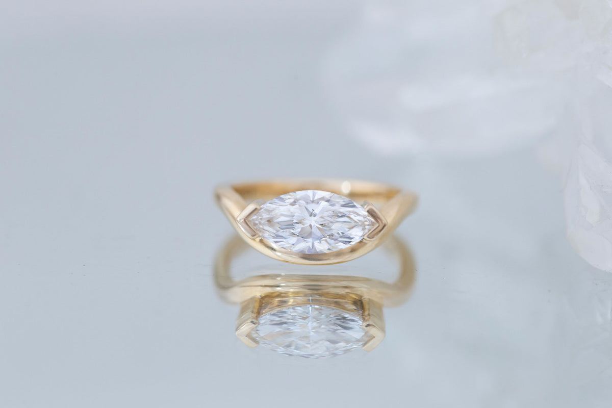 Rhodes Ring | Lab Marquise Diamond Solitaire + Curved Band Engagement Ring 1.67 ct | 14k Recycled Gold | One of a Kind
