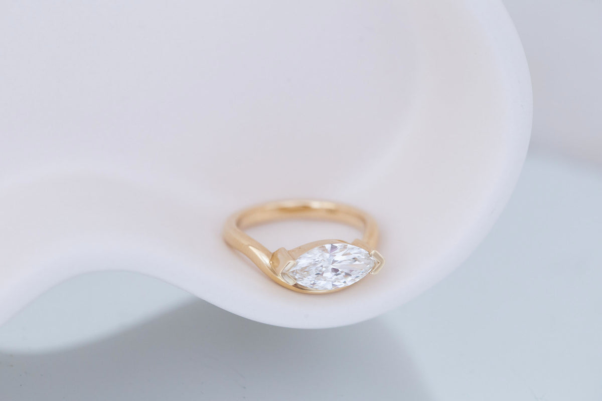 Rhodes Ring | Lab Marquise Diamond Solitaire + Curved Band Engagement Ring 1.67 ct | 14k Recycled Gold | One of a Kind