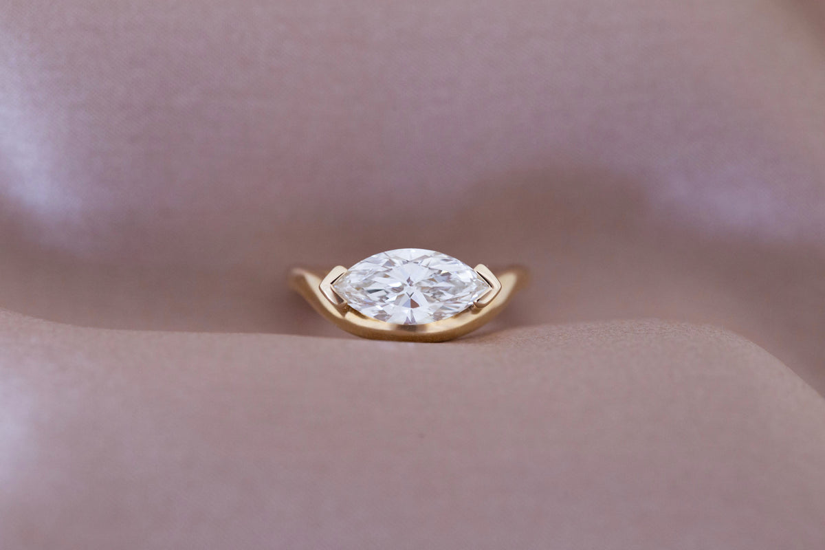 Rhodes Ring | Lab Marquise Diamond Solitaire + Curved Band Engagement Ring 1.67 ct | 14k Recycled Gold | One of a Kind