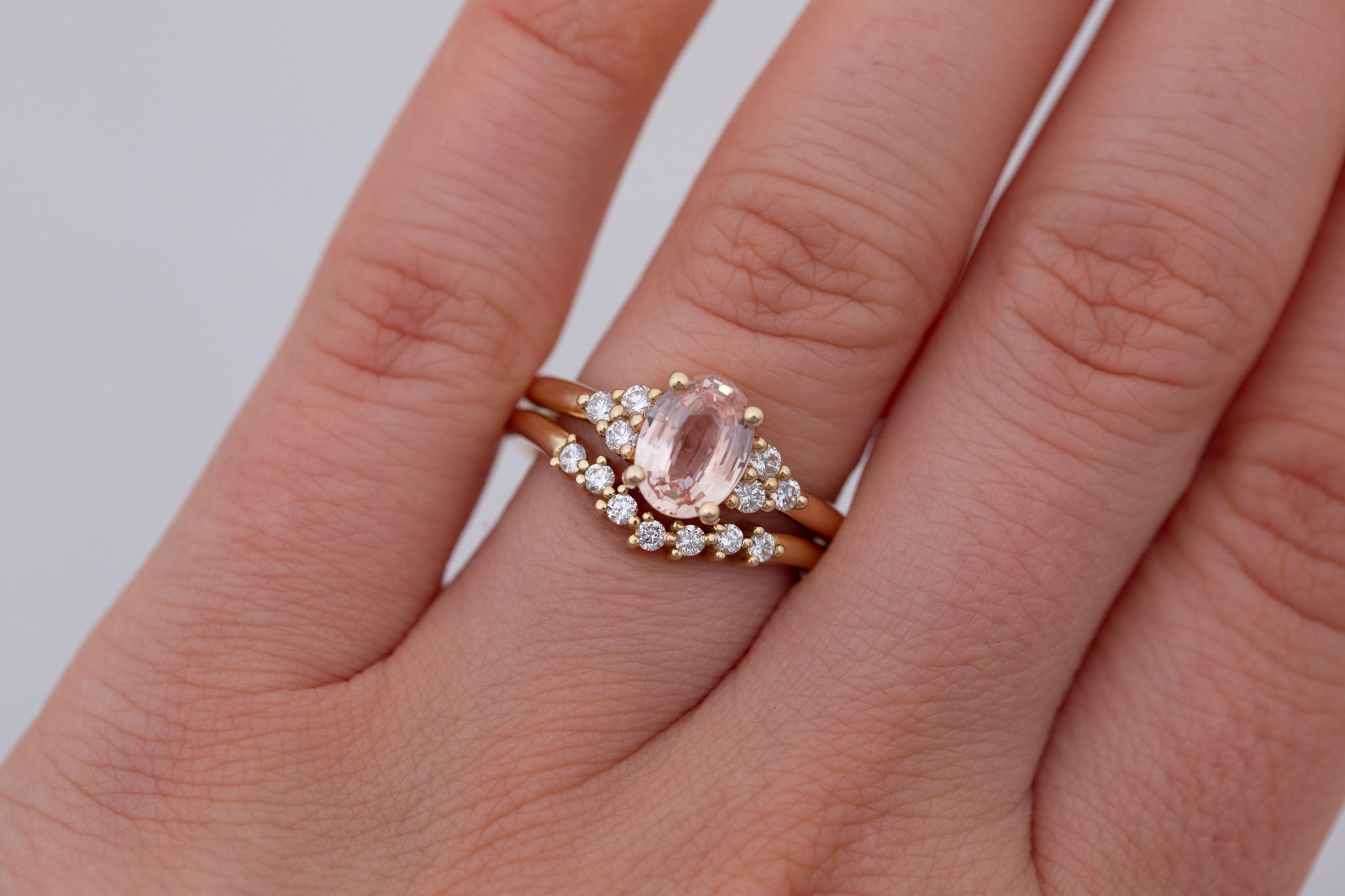 Verona Ring | Peach Oval Sapphire + Round Diamond Accents Engagement Ring 1.68 ct | 14k Recycled Gold | One of a Kind