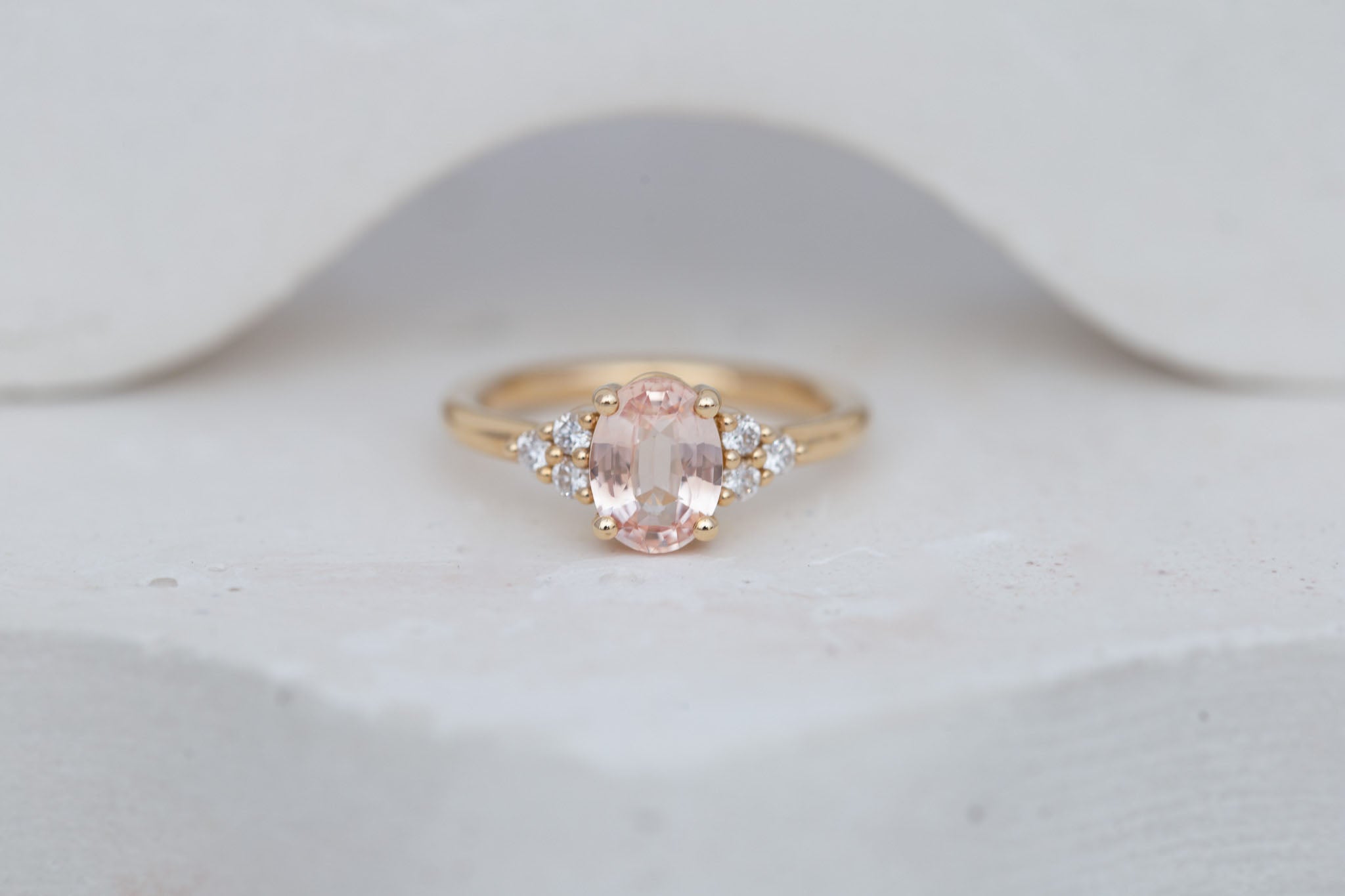 Verona Ring | Peach Oval Sapphire + Round Diamond Accents Engagement Ring 1.68 ct | 14k Recycled Gold | One of a Kind